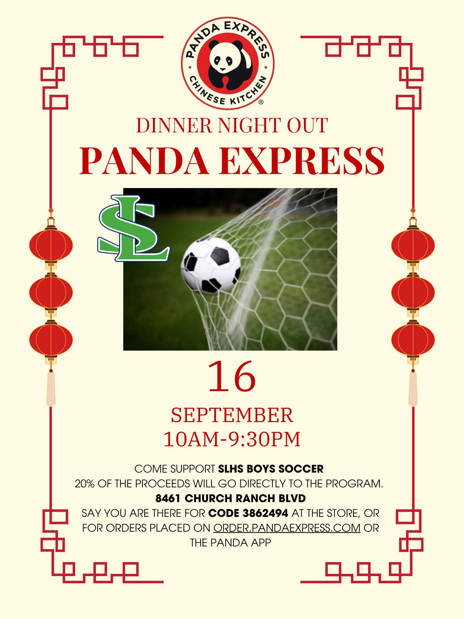 SCORE lunch or dinner at Panda Express for the soccer team tomorrow between 10am-9:30pm!