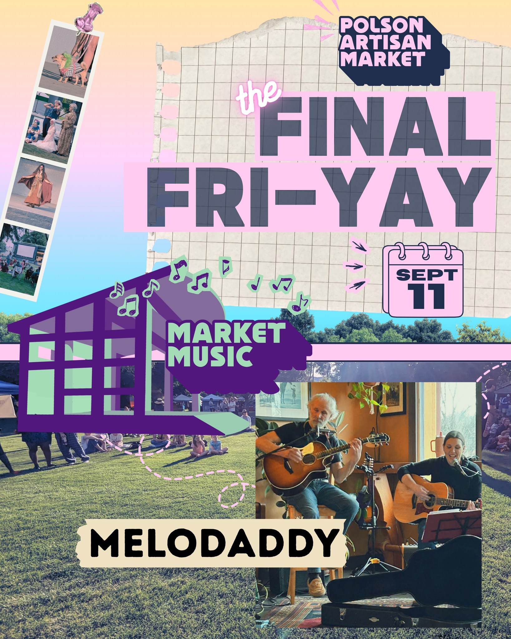 Returning for our final FRI-YAY is the highly requested duo - Melodaddy! They'll be playing all night for us, taking a break during our Strings Flash Jam. Make sure your down in the park for our end of the season!