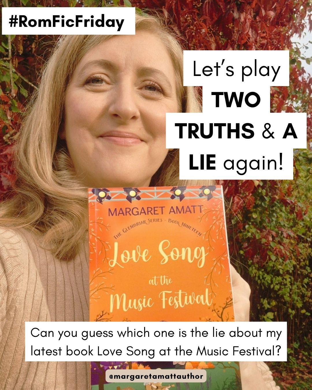 #RomFicFriday 🎉
Let’s play TWO TRUTHS & A LIE one last time!
Can you guess which one is the lie about my latest book, Love Song at the Music Festival? 👀
1️⃣ Adam has a tattoo based on a Pictish symbol known as the Crescent and V-Rod... And so do I! 😬
2️⃣ This is currently my longest published book! 📚
3️⃣ I made a version of Adam’s house in Minecraft so I could imagine what it looked like. 😂🏡
So... which one is the lie?
👇 Put your guess in the comments!