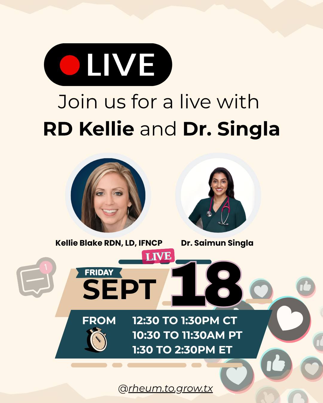 You asked, so we're answering questions, right here on Instagram LIVE!
Join me and Kellie Blake, RDN, LD, our new Registered Dietitian, this Friday for an hour of real questions about food and autoimmune disease.
Friday, September 18
12:30 to 1:30pm CT/10:30 to 11:30am PT/1:30 to 2:30pm ET
We're covering the questions that live rent free in your head at 11pm:
Is the anti-inflammatory diet on my feed real, or is someone selling me something?
Do I actually have to give up coffee, wine, and nightshades, or did the internet make that up?
Should I be eating differently on methotrexate day?
I gained weight on prednisone and nothing I did before is working. Now what?
Is my fatigue coming from my food or is it just the disease?
Why did that diet make me feel amazing for two weeks and then stop?
What am I supposed to eat during a flare when standing at the stove is not happening?
Are my supplements doing anything, or am I funding someone's boat?
Kellie has been a dietitian for over 20 years, works with autoimmune patients every day, and has an autoimmune condition herself.
Set the reminder. Drop your question in the comments and we'll pull from them live.