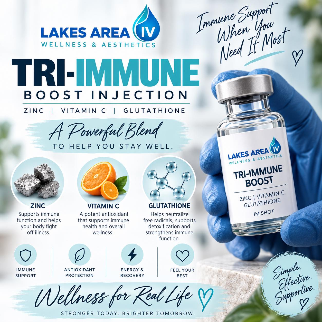 Give your wellness routine a little extra support when you need it most.
Our Tri-Immune Boost Injection combines three key nutrients—Zinc, Vitamin C, and Glutathione—in one convenient IM injection. Together, these nutrients support normal immune function, provide antioxidant support, and help protect cells from oxidative stress.
It’s a simple option for those looking for additional wellness support during busy, stressful seasons or when seasonal illnesses are making the rounds.
💉 Quick IM injection
🛡️ Immune support
✨ Antioxidant support
⚡ Supports overall wellness & recovery
Available at Lakes Area IV Wellness & Aesthetics.
📲 Call or text 218-454-5248 to schedule.
#LakesAreaIV #BrainerdMN #TriImmune #ImmuneSupport #VitaminC #Glutathione #Zinc #WellnessInjection #BrainerdLakesArea #MinnesotaWellness #baxtermn