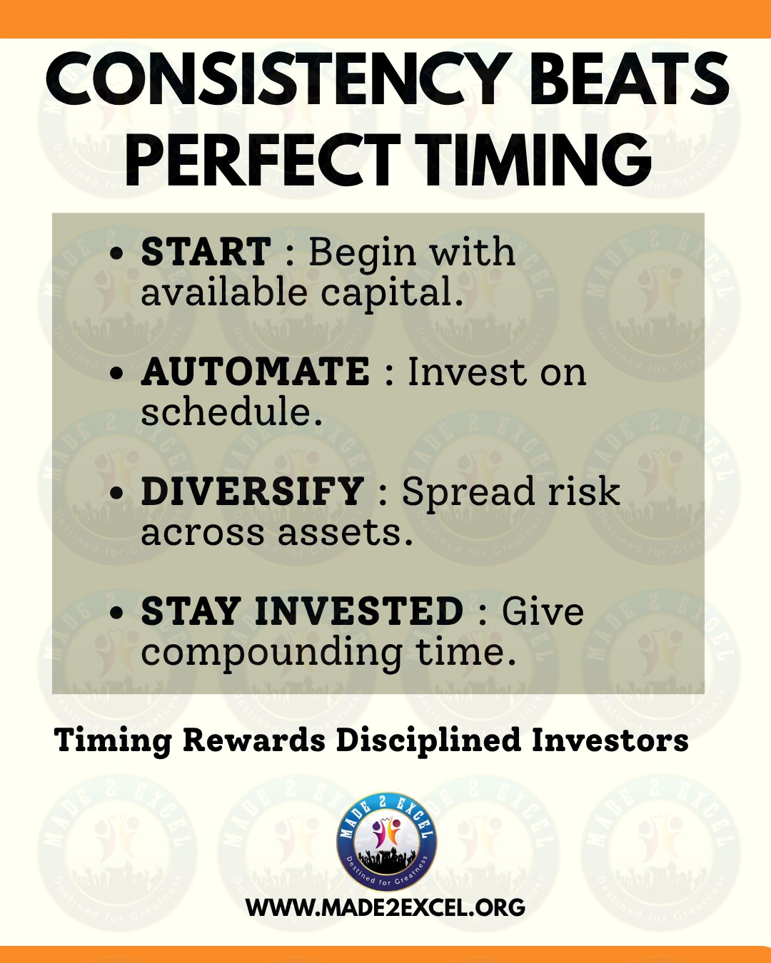 💡 CONSISTENCY BEATS PERFECT TIMING.
When it comes to building wealth, you don’t have to wait for the “perfect” moment. What matters is having a plan, staying disciplined, and taking consistent action. 📈💰
🌱 START — Begin with the capital you have available.
🤖 AUTOMATE — Make investing a habit by investing on schedule.
📊 DIVERSIFY — Spread your risk across different assets.
⏳ STAY INVESTED — Give your investments time to grow and compound.
The goal isn’t to predict the perfect time to invest—it’s to build habits that keep you moving toward your financial goals. Small, consistent actions today can create meaningful results over time. 💪✨
Remember: Timing rewards disciplined investors.
📌 Save this post as a reminder to stay consistent with your financial journey.
💬 What’s your biggest investment challenge: STARTING, STAYING CONSISTENT, or DIVERSIFYING?
#ConsistencyBeatsTiming #ConsistencyisDiscipline #InvestingTips #FinancialGrowth #BuildWealth #WealthBuilding #FinancialLiteracy #SmartInvesting #InvestingMindset #FinancialFreedom #MoneyManagement #LongTermInvesting #CompoundGrowth #Diversification #InvestSmart #FinancialGoals #MADE2ExcelChicago