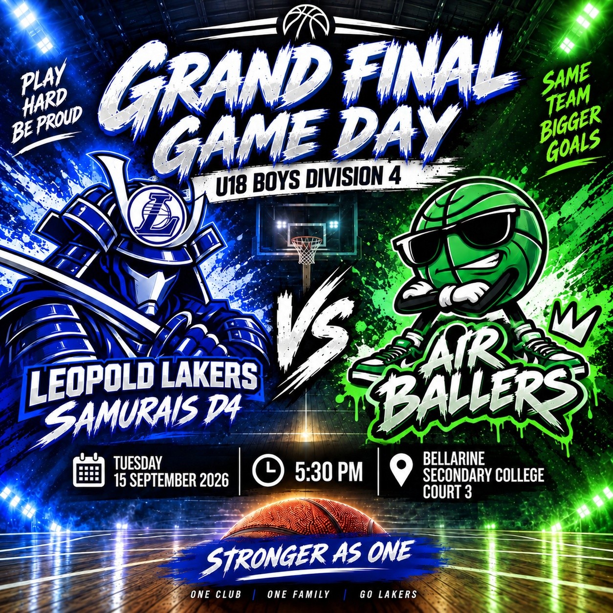 🏀💙 GRAND FINAL TIME! 💚🏀
Good luck to our Leopold Lakers Samurais D4 as they take on Air Ballers! 🔥
⚔️ Samurais, sharpen those skills and bring the fight!
Time to slice through the competition! 😂🥷🏀
💙🤍 GO LAKERS! 💙🤍