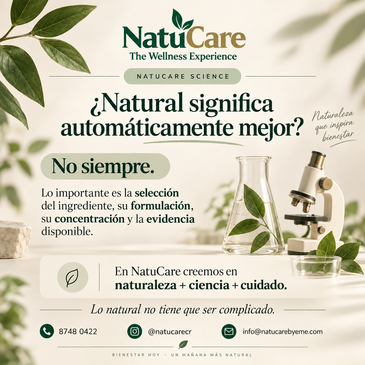 🌿 ¿Natural significa automáticamente mejor?
No siempre.
En NatuCare creemos que elegir ingredientes naturales es solo una parte del proceso. También importan su selección, formulación, concentración y la evidencia disponible.
Por eso nuestra filosofía une tres elementos:
🌿 Naturaleza
🔬 Ciencia
🤍 Cuidado
Porque hablar de bienestar también significa tomar decisiones responsables y comunicar con claridad.
NatuCare Science
Lo natural no tiene que ser complicado.
📲 8748 0422
📧 info@natucarebyeme.com
Instagram: @natucarecr
#NatuCare #NatuCareScience #Ciencia #IngredientesNaturales #Bienestar #CuidadoBucodental #TheWellnessExperience