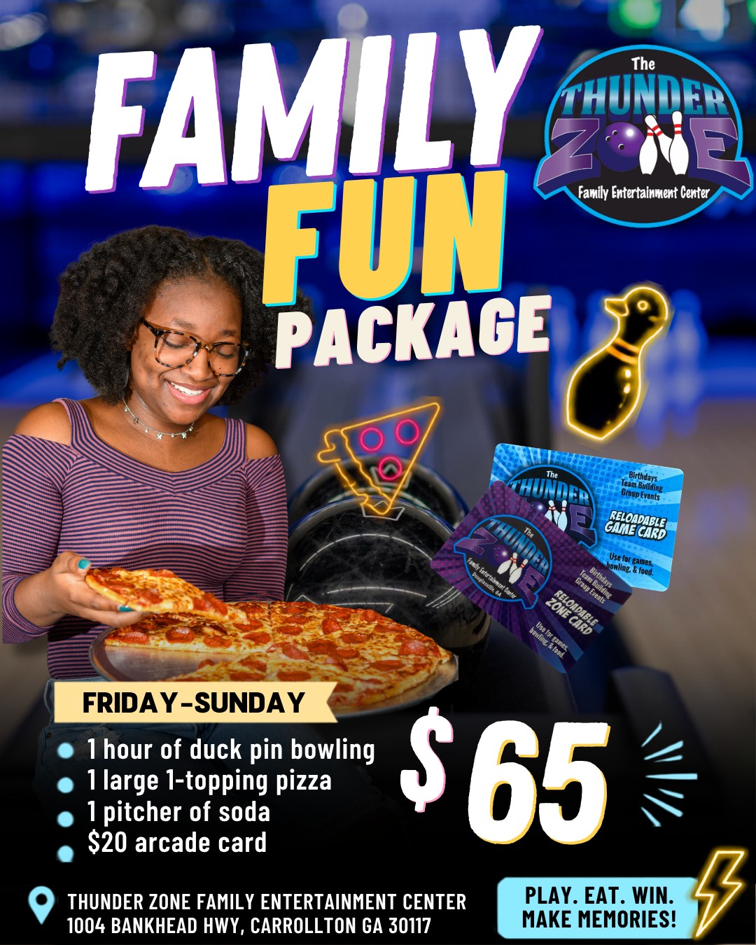 Weekend plans? Sorted! ๐๐ณ Arcade games, fresh hot pizza, and bowling all wrapped up in one epic deal.
Our Family Fun Package is available Friday through Sunday for just $65! Here is what you get:
1 hour of Duckpin bowling
1 large 1-topping pizza
1 pitcher of soda
$20 arcade game card
Play, eat, win, and make memories with us this weekend!
**Shoes not included**
