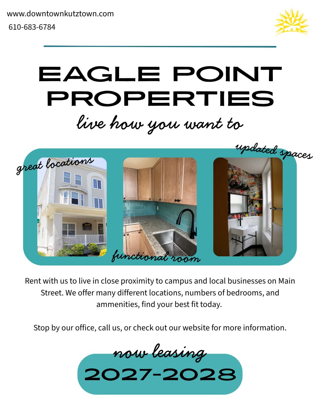 We have so many different properties to choose from, find yours. Book your tour now while we still have them available so that you get your first pick!
#studenthousing #downtownkutztown #kutztownuniversity #livehowyouwantto #offcampushousing #offcampus #eaglepointmanagement #eaglepoint #collegehousing