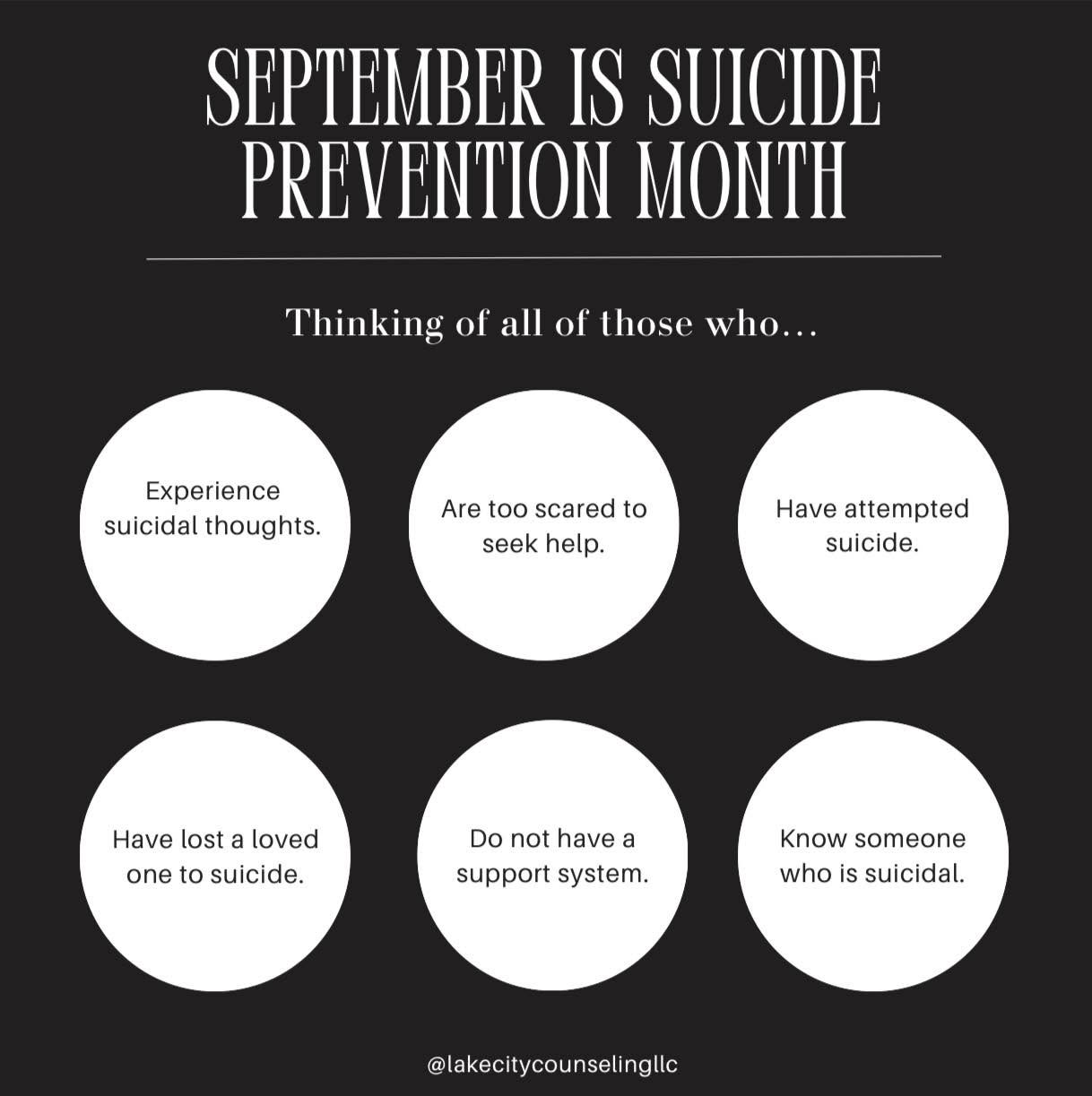 You are not alone.
Not here. Not ever.
You matter too much.
Reach out. Stay connected. Keep going.
#SuicidePreventionMonth #YouAreNotAlone #YouMatter #MentalHealthMatters #LakeCityCounseling