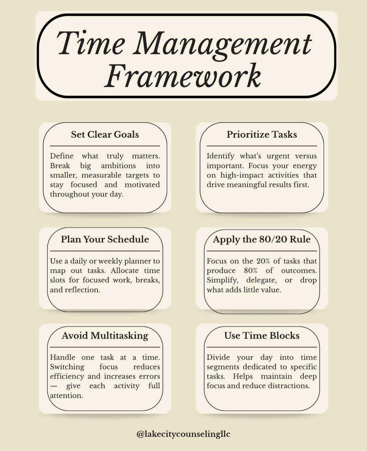 Feeling like there’s never enough time? You are not alone!
Time management isn’t about squeezing more into your day. It’s about making space for what actually matters.
You don’t need to do it all. You just need to decide what matters most.
#TimeManagement #WorkLifeBalance #MentalHealthMatters #HealthyBoundaries #ProductivityTips #LakeCityCounseling #healthyboundaries