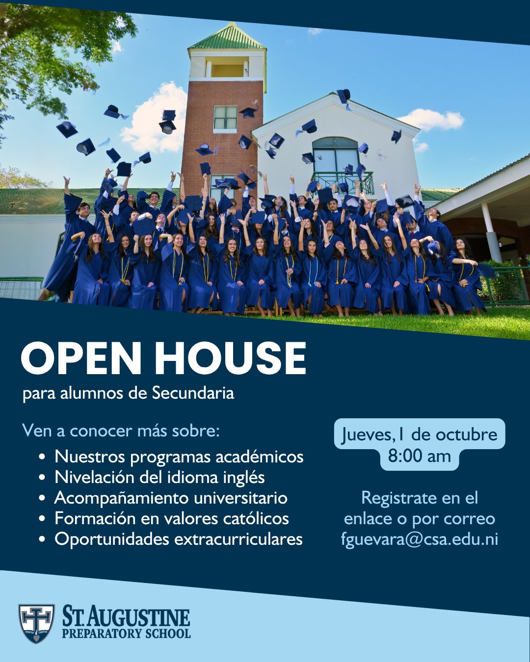 El camino a las mejores universidades de Estados Unidos, Europa y América Latina empieza con la preparación correcta. Si estás en secundaria (6to a 11mo grado) y buscas un colegio que te impulse a alcanzar esa meta, queremos conocerte. ¡Te invitamos a nuestro Open House!
Te mostraremos cómo nuestro programa bilingüe te da las herramientas clave para:
- Dominar el idioma inglés con fluidez.
- Fortalecer tus habilidades y descubrir tus talentos.
- Afrontar el proceso de admisión universitaria con seguridad y acompañamiento.
🗓 Cuándo: Jueves, 1ro de octubre
⏰ Hora: 8:00 am
📍 Lugar: Campus Colegio Preparatorio San Agustín
🔗 Regístrate en el enlace: https://forms.gle/FNvHoFgL3VVoighAA