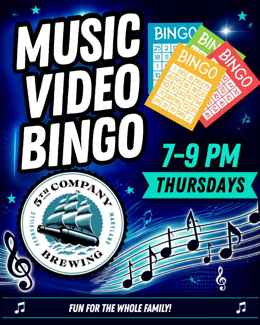 Come try our new specials and Bingo tomorrow at 7pm!
Grab your crew, test your music knowledge, and settle in for a fun night of bingo, good food, and drinks.
No studying required. Just listen, mark your card, and see if you can be the first to call BINGO.
Thursday at 7 PM
5th Company Brewing
325 Front Street, Perryville
