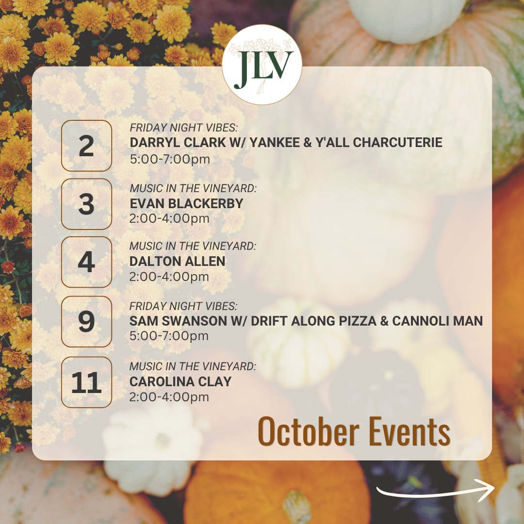 Your October events line up is here! 🍂 This is our final month of music and special events, so be sure you have a trip to the tasting room penciled in your fall plans. We have some very talented musicians and food vendors scheduled, so don't miss out!
Join us for one last toast and a final round of memories. 🍷💕