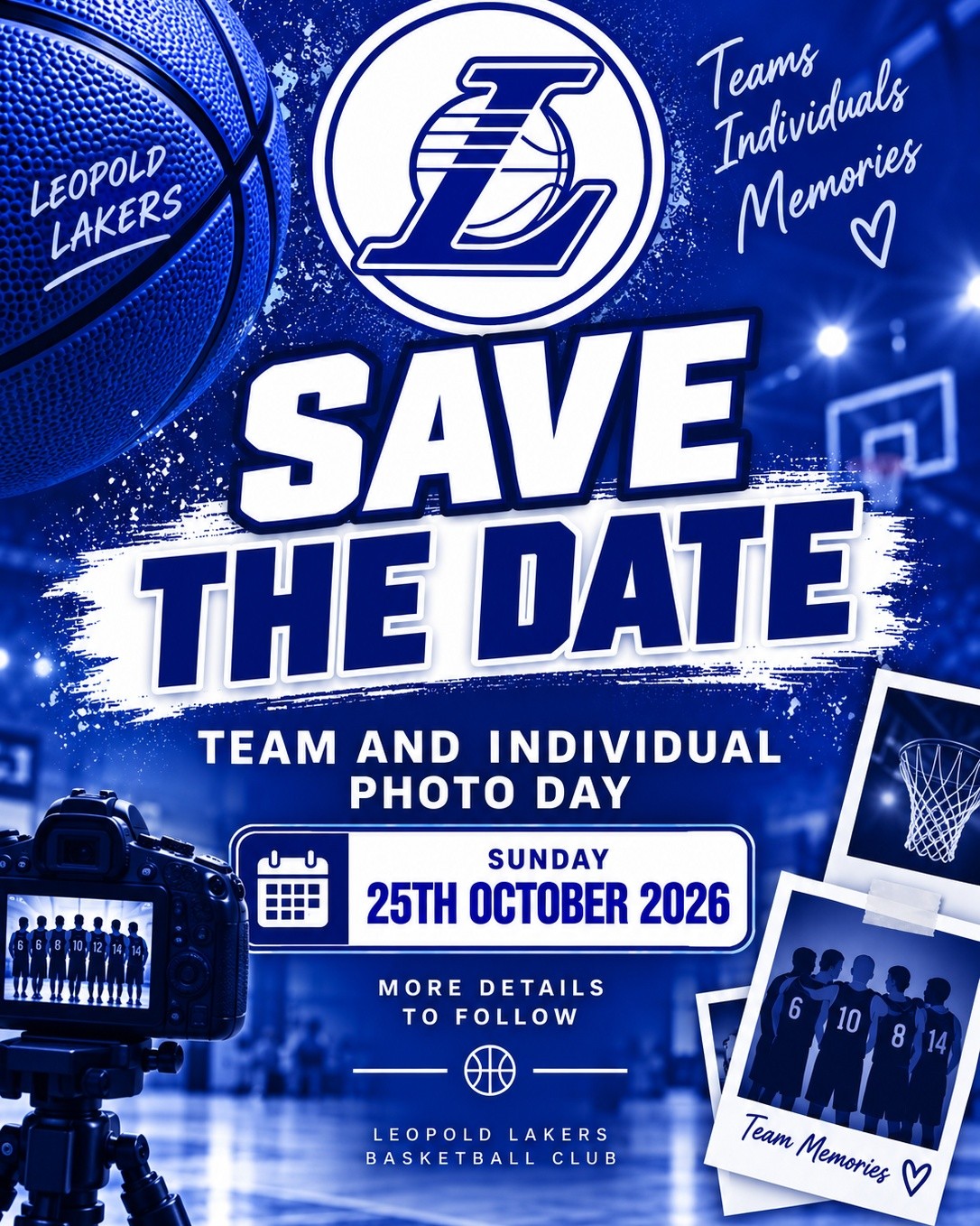 πΈπ SAVE THE DATE, LAKERS! ππΈ
Itβs time to get camera-ready! π·β¨
Our Leopold Lakers Team & Individual Photo Day is locked in for:
π
Sunday 25th October 2026
Get your team together, bring your best smiles and get ready to capture some awesome Lakers memories! ππ€
More details to follow β stay tuned!
#LeopoldLakers #GoLakers #PhotoDay #TeamPhotos #LakersFamily #BasketballMemories #LeopoldLakersBasketball #SaveTheDate #LakersPride
