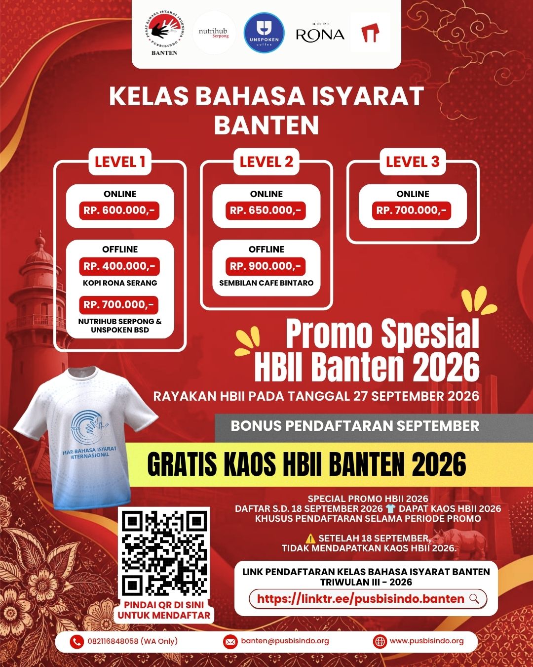 Hai teman-teman di Banten! sudah siapkah kalian untuk mengenal lebih dekat dengan Bahasa Isyarat Indonesia (Bisindo) dan Hari Bahasa Isyarat Internasional (HBII) 2026?
Belajar Bahasa Isyarat Indonesia (Bisindo) bukan hanya tentang menggerakkan tangan, namun juga mengenal lebih dekat budaya Tuli, cara berkomunikasi yang tepat serta memahami pentingnya akses komunikasi bagi teman Tuli.
πDan ada yang LEBIH SERU! π π€©π₯
Peserta kelas bahasa isyarat di Pusbisindo Banten berkesempatan meramaikan Hari Bahasa Isyarat Internasional (HBII) 2026 bersama komunitas Tuli dan Pusbisindo Banten! Kamu bisa mendapatkan pengalaman baru, bertemu teman Tuli baru, memperluas relasi, sekaligus ikut menciptakan ruang komunikasi yang lebih inklusif.
Bonus khusus:
Dengan mendaftar selama periode promo pendaftaran hingga 18 September 2026, maka anda bisa mendapatkan kaos eksklusif HBII 2026 secara gratis! β¨
Jangan sampai ketinggalan! Yuk, daftar sekarang dan mulai perjalananmu membangun komunikasi inklusif bersama teman-teman Tuli di Banten π₯°
Info lebih detail bisa dicek di poster atas dan daftarkan diri melalui:
https://linktr.ee/pusbisindo.banten
info lebih detail pendaftaran kelas, dan acara HBII Banten 2026, dapat menghubungi Pusbisindo Banten:
https://wa.link/aien5h
Sampai jumpa di kelas! π€
#HBII2026 #BahasaIsyarat #Bisindo #kelasbisindo #Pusbisindo