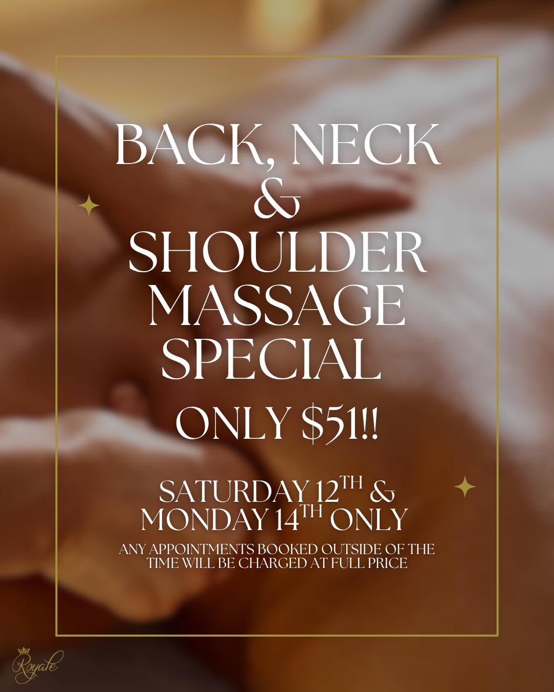 ✨A little moment of relaxation, just for you…✨
Feeling tense, tight or simply in need of some me time? Our Back, Neck & Shoulder Massage is the perfect little escape. 💆♀️🤍
For a limited time, enjoy 30 minutes of pure relaxation for just $51!
📅 Saturday 12th & Monday 14th September only
Click the link below to book online under “SPECIALS” ⬇️
https://bookings.gettimely.com/royalebeautytherapy/book
T&C apply. Not to be used in conjunction with any other special or loyalty card rewards. Any appointments booked outside of the 12th and 14th of September will be charged full price.