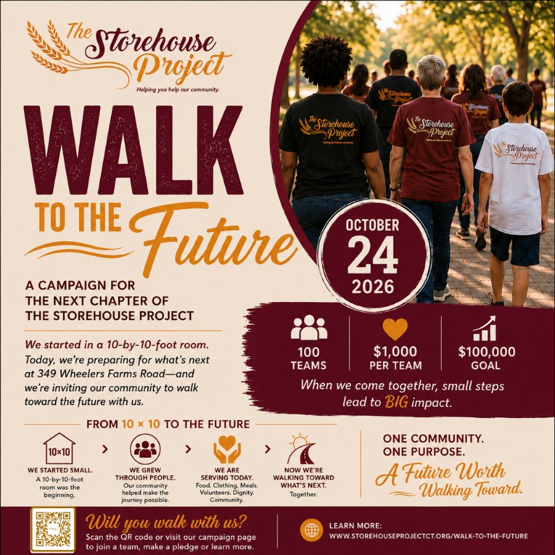It takes a community to build a future. ❤️
For years, The Storehouse Project has been blessed by people who choose to give, serve, volunteer, donate, and show up for their neighbors.
Now, we're asking our community to walk with us into our next chapter.
👟 Walk to the Future
📅 October 24, 2026
Join us and help spread the word. Gifts of every size are welcome.
👉 Register, give, or start your fundraising page: https://storehouseprojectct.networkforgood.com/projects/305221-walk-to-the-future-campaign
#WalkToTheFuture #TheStorehouseProject #CommunityMatters