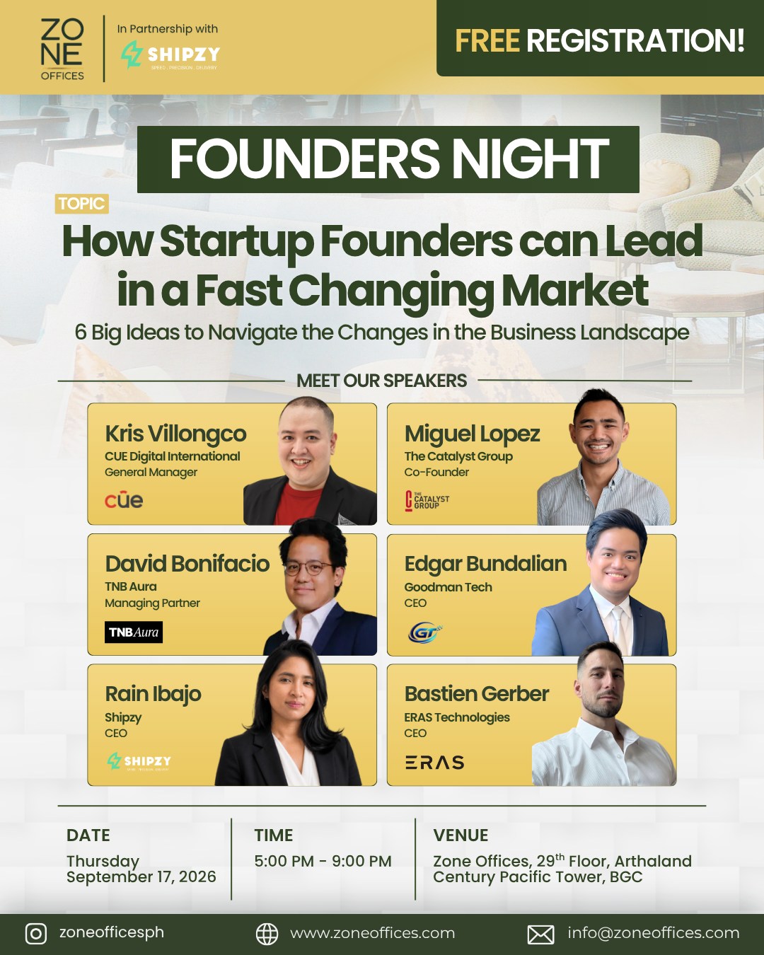 🎤 MEET THE SPEAKERS | FOUNDERS NIGHT
We’re excited to introduce the speakers joining us at Zone Offices Founders Night, bringing real-world insights on growth, branding, investment, technology, logistics, and future-ready organizations.
Expect meaningful conversations and practical insights on:
🔹 Building Communities That Create Impact
🔹 From Ideas to Visibility: Building Brands in a Digital World
🔹 From Visibility to Scale: What Makes a Business Investable?
🔹 Technology as the Catalyst: AI & the Next Generation of Business
🔹 From Transformation to Infrastructure: The Future of Tech-Enabled Logistics
🔹 Building Future-Ready Organizations Through Innovation, Technology & Human Performance
📅 September 17, 2026 | 5:00 PM – 9:00 PM
📍 Zone Offices, 29th Floor, Arthaland Century Pacific Tower, BGC
🎟️ FREE REGISTRATION
Whether you're a startup founder, SME owner, investor, or business leader, this is an opportunity to learn, connect, and gain perspectives from industry leaders navigating a rapidly changing business landscape.
Register here for FREE:
🔗 https://forms.gle/eL6fdpd93TDLDHk1A
#ZoneOffices #FoundersNight #ZoneOffices #FromVisionToImpact #BusinessGrowth #Entrepreneurship #Networking #FutureReadyBusiness