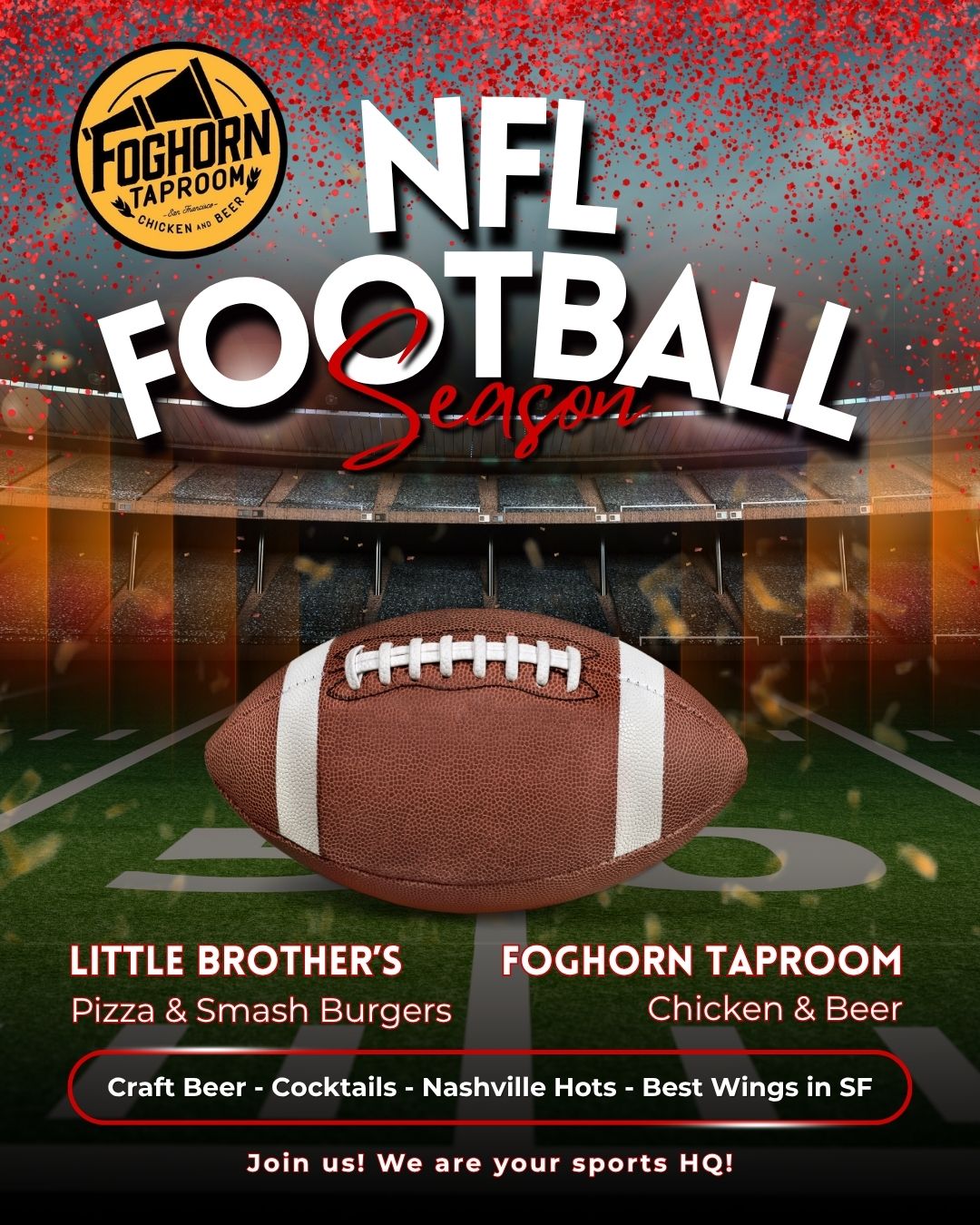 The NFL Season is here! Join us for all the action!
We have everything a football fan needs: craft local beers, cocktails, pizza (Divisadero St. location), burgers (Irving St. location), Nashville Hot sandwiches, and the best wings in the city. Sunday Football, Monday Night Football and Thursday Night Football never looked so good! Join us! We are your sports HQ!
All day, everyday, we have ice-cold beer buckets for $20. That's $10 off (5) Alvarado St. lager cans. We also have beer flights for $12. (4) 5 oz. pours of your choice. Perfect for game-day. Happy Hour is M-F 2pm - 5pm. $4 Alvarado St. cans, $8 cocktails, and $8 draft wine (Balboa St. location). Mug Clubbers...don't forget to get your free $7 beer for Monday Night Football.
Feeling brave? TRY OUR WING CHALLENGE! $20 for (10) XXX Buffalo Hot Wings. Finish in 5 min and win a T-shirt. 5 more minutes with no napkins or drink and we'll COMP YOUR WINGS (free wings)!!! Winners gets their photo on our Wall of Flame. Divisadero St. location only.
#WingChallenge #wingchallenge #wallofflame #hotwings #freetshirt #tnf #drinkspecials #specials #bucketofbeer #burger #smashburger #craftbeerlover #alvaradostreetbrewery #dailyspecials #beerflights #flights #thursdaynightfootball #craftcocktail #friedchicken #footballseason #49ersfaithful #49ersNation #49ers #nflfootball #NFL #pizza #chickenwings #gamenight #beer #chickenandbeer