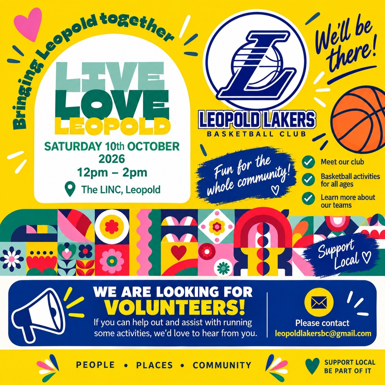 🏀💙 LEOPOLD LAKERS ARE HEADING TO LIVE LOVE LEOPOLD! 💛💚
Come down and say hello to the Leopold Lakers Basketball Club at Live Love Leopold! 🎉
📅 Saturday 10th October 2026
⏰ 12pm – 2pm
📍 The LINC, Leopold
We’ll have some fun basketball activities for the whole community, so come along, have a go and see what the Lakers are all about! 🏀🙌
💙 WE’RE ALSO LOOKING FOR
VOLUNTEERS!
We need some helping hands to run our activities on the day. If you can spare some time and would love to help out, we’d love to hear from you!
📧 leopoldlakersbc@gmail.com
Come down, get involved and support local sport and community! 💙🏀
#LeopoldLakers #LeopoldLakersBasketball #LiveLoveLeopold #Leopold #Community #LocalSport #Basketball #GetInvolved #Volunteer #SupportLocal