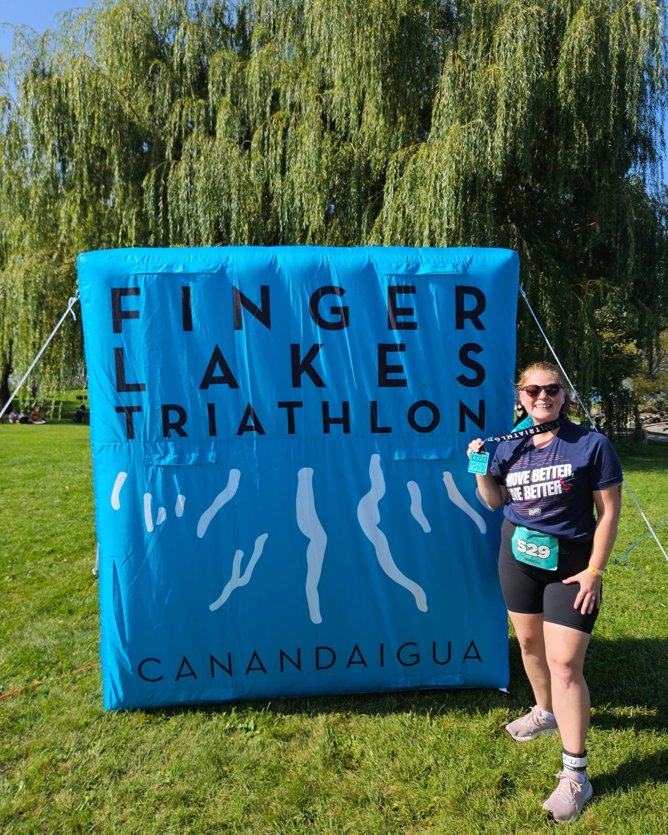 We are celebrating Jennalyn who completed the Finger Lakes Triathlon Canandaigua this weekend!
She started physical therapy in June after dealing with ankle tendonitis that made walking uncomfortable. She had been training for a triathlon but had to put her training on hold because of the pain. At first, she felt discouraged and even considered giving up on her triathlon goals. She worked with Physical Therapist, Matthew to reduce her pain, rebuild her strength, and slowly work her way back to running, jumping, and other activities. This weekend, she started with a goal of 2.5 hours, but she completed her triathlon in 2 hours 12 minutes with no ankle pain or soreness and got back to doing what she had been working toward.