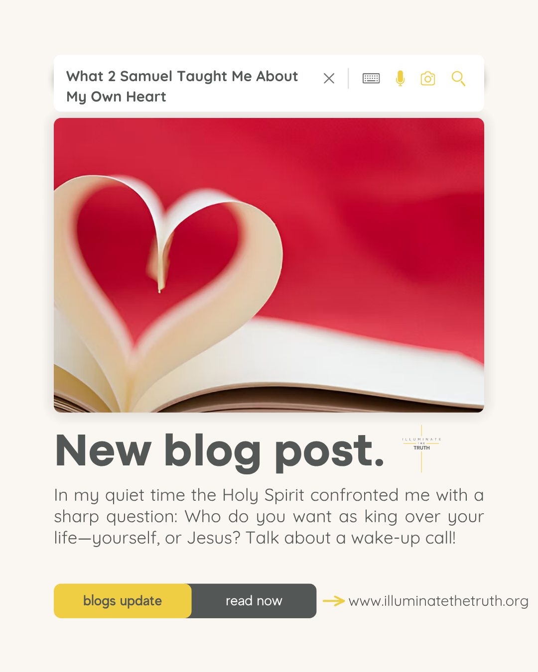 This morning during my quiet time, a verse jumped off the page and cut straight to my heart:
"And Absalom, whom we anointed over us, is dead in battle. Now therefore why do you say not a word of bringing the king back?" — 2 Samuel 19:10
Reading the study notes, the Holy Spirit confronted me with a sharp question: Who do you want as king over your life—yourself, or Jesus?
Read more by clicking Blog in BIO link.
Disclaimer all ministry content, prayer ministry, Bible studies, and educational materials are provided for spiritual and educational purposes and are not medical, mental health, legal, or financial advice.