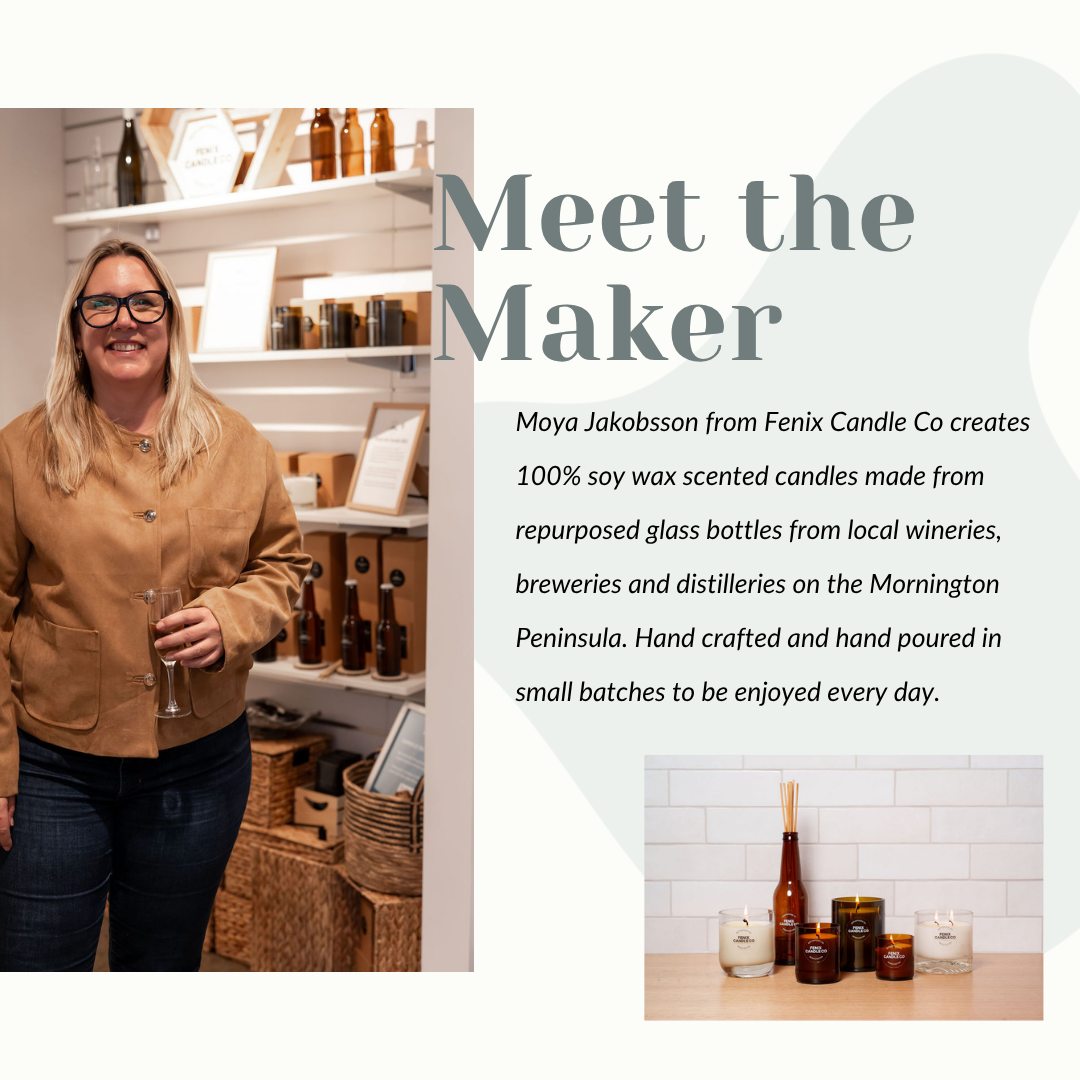 MEET THE MAKER 🧡 Moya Fenix Candle Co
Moya is very passionate about recycling, reusing and repurposing. You will often her her say: Let’s do something for our planet and have some fun and enjoyment doing it!
It was on one of our visit to Jimmy Rum spotting the basket full of empty bottles of rum on the way out that sparked the idea. The bottles are made of beautiful thick clear glass, ideal for repurposing and giving the bottles a second life. And so Fenix Candle Co was born.
Find your favourite Fenix Candle in Artisan's Alley Mornington and Sorrento.
The only challenge is which scent to choose?
📍 17 Main Street, Mornington, Open Tuesday to Sunday from 10am.
#AustralianMade #ShopLocal #morningtonpeninsula #mornington #supportlocal #mainstreetmornington #reusereducerecycle