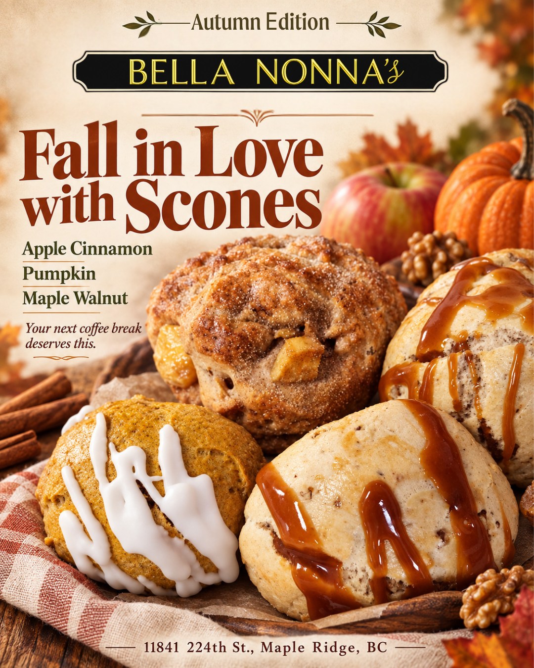 ☕🎃 Your to-do list can wait. Your coffee break is calling!
Pop into Bella Nonna’s for a coffee and a pumpkin-flavoured treat—because a busy day deserves a delicious little pause. 🍂
Make it a pumpkin scone, pick up something sweet to share, or grab your favourite and keep it all to yourself. We won’t tell. 😉
Come for the coffee. Fall for the pumpkin. 🧡
📍 11841 224th St., Maple Ridge, BC
Bon Appetito! 😋
Warm regards,
The Bella Nonna’s Team💪
#BellaNonnas #MapleRidge #PumpkinSeason #CoffeeBreak #ShopLocal