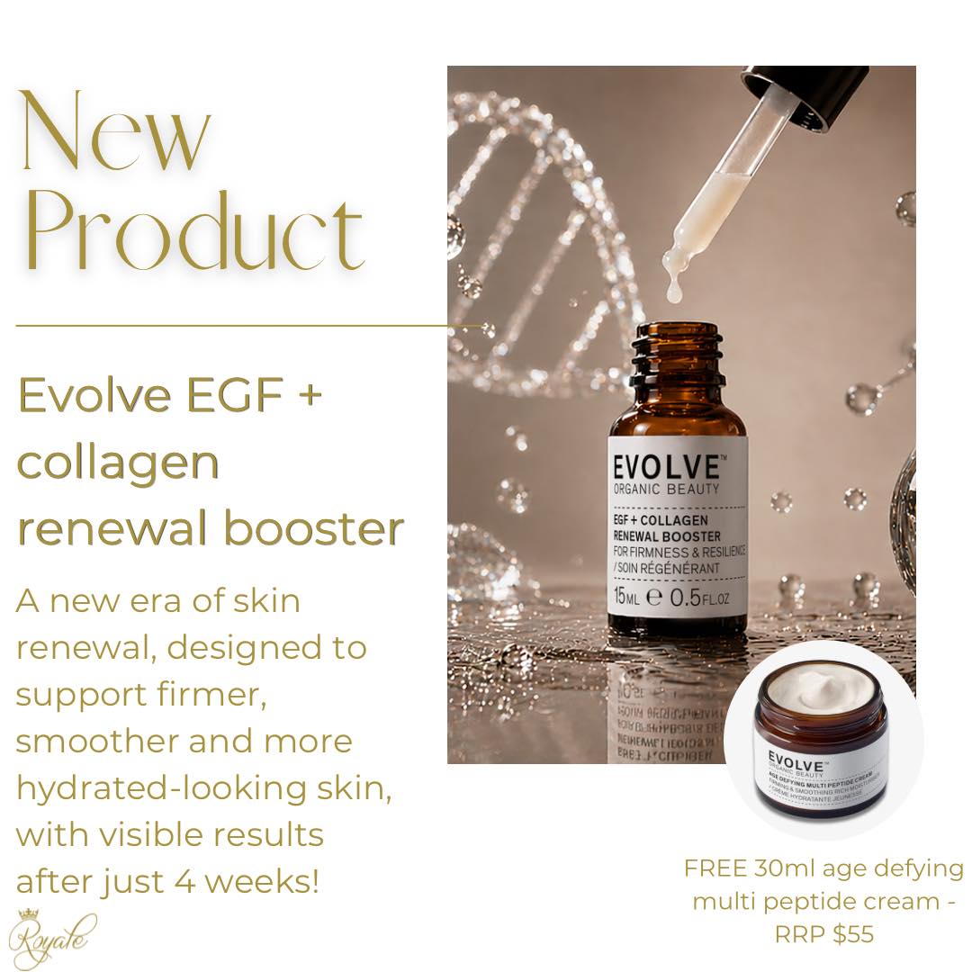 ✨ NEW PRODUCT ALERT | Evolve EGF + Collagen Renewal Booster ✨
Introducing the next generation of skin renewal at Royale Beauty! 🤍
This luxurious booster is designed to support firmer, smoother and more hydrated-looking skin, with visible results after just 4 weeks!
✨ Powered by EGF, vegan collagen peptides, plant-derived PDRN and multi-molecular hyaluronic acid to support skin renewal, hydration and a radiant, youthful-looking complexion.
Your skin’s new renewal ritual. ✨
🎁 LAUNCH SPECIAL
Purchase your EGF + Collagen Renewal Booster and receive a FREE 30ml Age Defying Multi Peptide Cream - RRP $55!