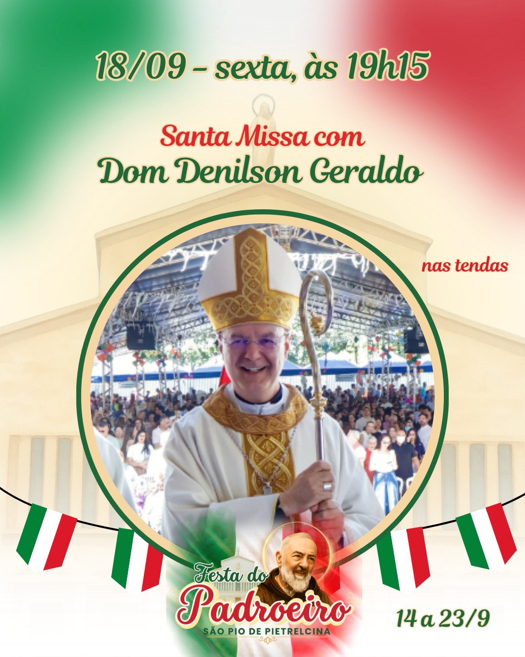 #FestaDoPadroeiro | 🇮🇹 Neste 5º dia da Novena de São Pio de Pietrelcina , 18 de setembro, nossa programação litúrgica e festiva está recheada de atrações. São 10 dias da maior festa italiana de Brasília, a Festa do Padroeiro de 2026!
Programação litúrgica:
☦️ Celebrante: Dom Denilson Geraldo, Bispo Auxiliar de Brasília e Bispo Titular de Lamsorti
⏰ Horário: 19h15
📍 Local: Anexo da Paróquia São Pio de Pietrelcina (tendas) - QRSW 1, área especial, Sudoeste - Brasília/DF
✨ Gesto concreto do dia: doação de brinquedos
Programação festiva:
🎉 Atração: Cantina Italiana, música ao vivo e pisa da uva
⏰ Horário: após a missa das 19h15
📍 Local: Anexo da Paróquia São Pio de Pietrelcina (tendas) - QRSW 1, área especial, Sudoeste - Brasília/DF
😇 De 14 a 22 de setembro, faremos a novena de Padre Pio antes da missa e, no dia 23 de setembro, teremos várias missas para festejar o dia de São Pio!
⛪ Venha celebrar nosso padroeiro na maior festa italiana da cidade e ajudar a contruir A Casa de São Pio em Brasília!
#padrepio
#italianfood
#católico
#ParóquiaSãoPio