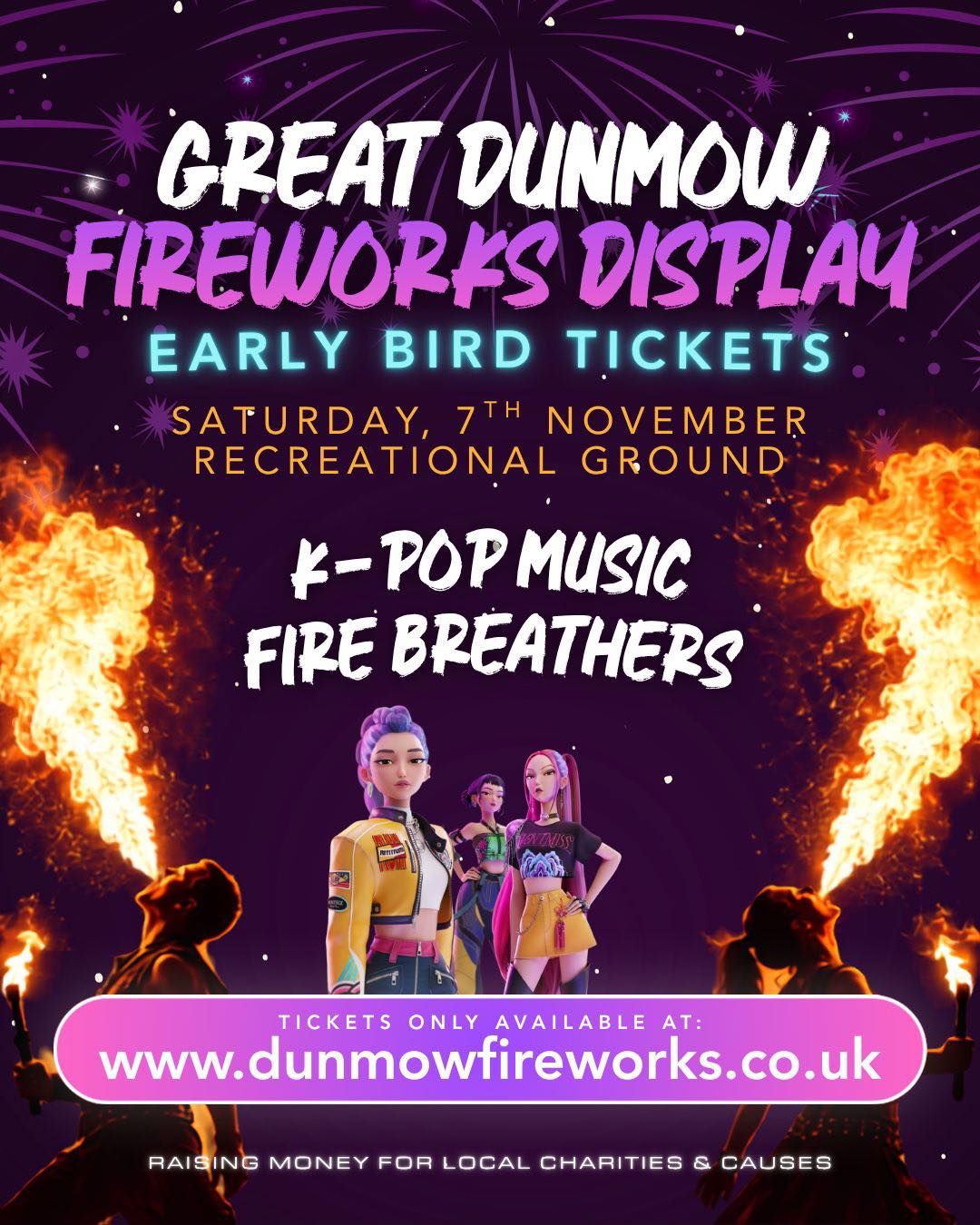 Listen, we know it’s 23 degrees and there’s another heatwave on the horizon but it’ll soon be dark at 4pm again and that means one thing…
WINTER IS COMING
🎆🎇🎆🎇🎆🎇🎆
AND SO ARE FIREWORKS
We are delighted to announce tickets are now on sale for this years firework display at a new location on the Rec
We’ve listened to feedback from last year and this year promises to be even better than ever!
🎶 NEW FOR 2026 – A K-POP MUSICAL FIREWORKS SPECTACULAR!
This year’s fireworks will explode across the Dunmow sky to a soundtrack packed with K-pop favourites, including music from films such as KPop Demon Hunters.
🔥 AND FOR THE FIRST TIME… FIRE BREATHERS!
Before the fireworks light up the sky, we’ll be bringing even more fire to the night with live fire-breathing performers joining us for the first time.
Epic 15 minute firework display 🧨
Fire breathers 😮💨
A huge bonfire 🔥
Mulled wine & hot chocolate ☕️
Expect huge colours, huge sounds and an unforgettable display choreographed to the music
Grab your early bird tickets now through the link below before they sell out!
⚠️ ALL TICKETS MUST BE PURCHASED IN ADVANCE.
⏰ EVENT TIMINGS
Gates Open – 5pm
Bonfire Lighting – 6pm
Fire Performers Pre-Show - 7pm
Fireworks Start – 7:30pm
Music, Bar & Food available until 8:30pm
https://www.greatdunmowroundtable.co.uk/dunmow-fireworks-display