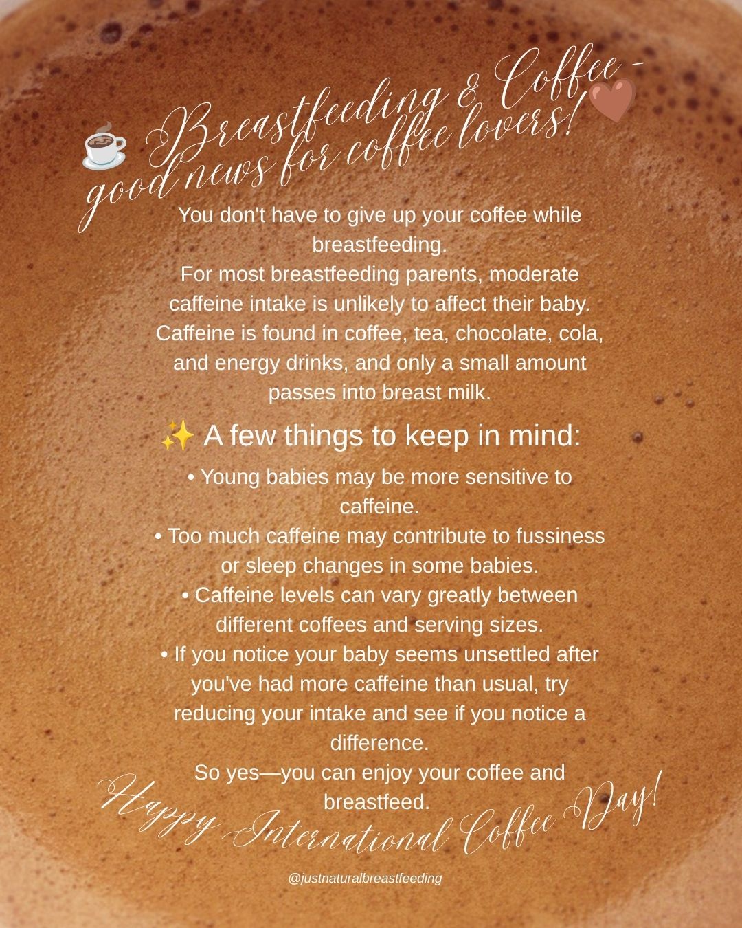 ☕️🤎 Coffee lovers, this one’s for you!
Breastfeeding doesn’t mean giving up your favorite cup. Enjoy your coffee and keep breastfeeding! 🤱☕️
Happy International Coffee Day!
#justnaturalbreastfeeding #internationalcoffeeday☕️