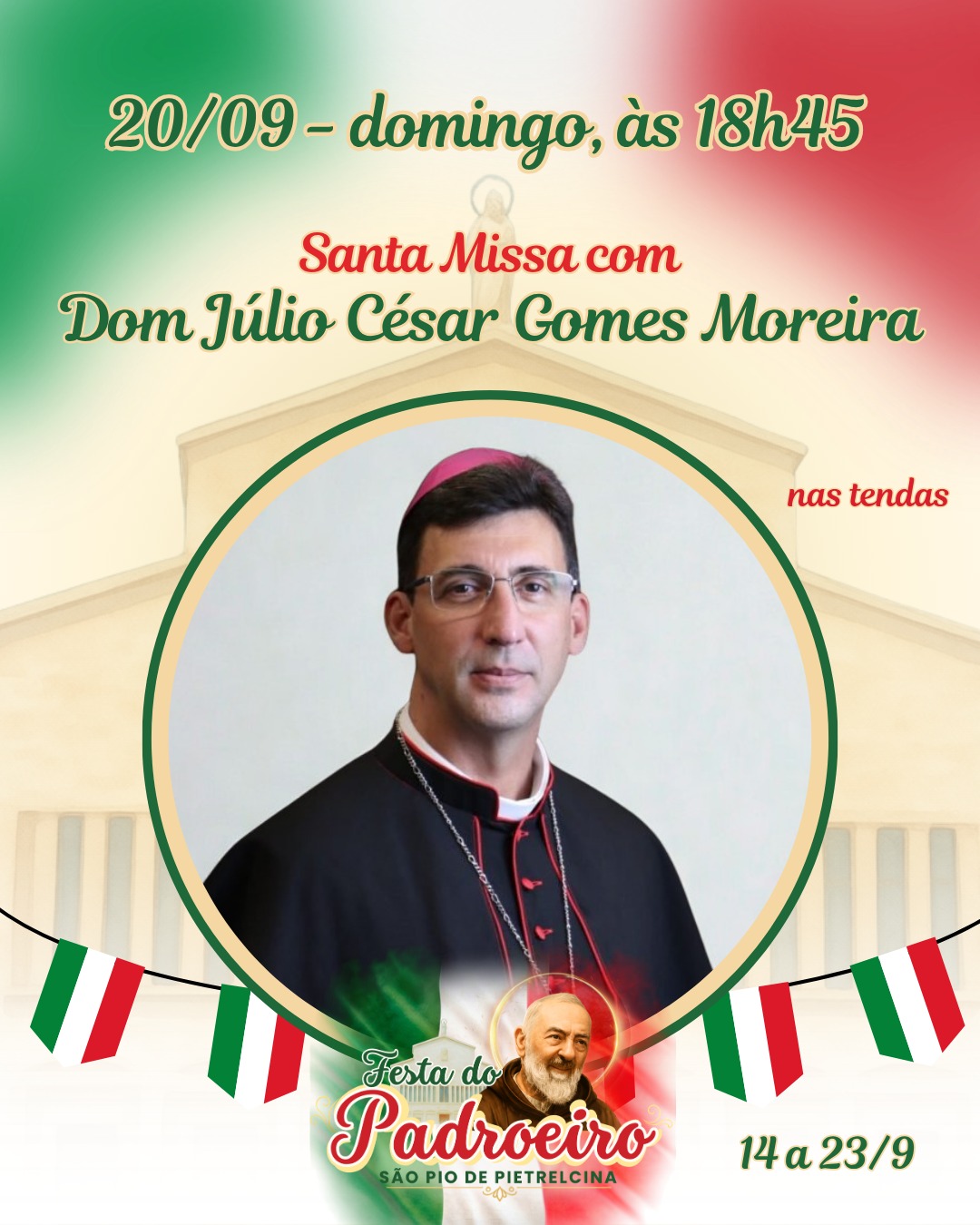#FestaDoPadroeiro | 🇮🇹 Neste 7º dia da Novena de São Pio de Pietrelcina , 20 de setembro, nossa programação litúrgica e festiva está recheada de atrações. São 10 dias da maior festa italiana de Brasília, a Festa do Padroeiro de 2026!
Programação litúrgica:
☦️ Celebrante: Dom Júlio César Gomes Moreira, Bispo de Rubiataba-Mozarlândia (GO)
⏰ Horário: 18h45
📍 Local: Anexo da Paróquia São Pio de Pietrelcina (tendas) - QRSW 1, área especial, Sudoeste - Brasília/DF
✨ Gesto concreto do dia: doação de talheres
Programação festiva:
🎉 Atração: Polenta com assados (adquira seu voucher) e dança italiana
⏰ Horário: 12h
📍 Local: Anexo da Paróquia São Pio de Pietrelcina (tendas) - QRSW 1, área especial, Sudoeste - Brasília/DF
🎉 Atração: Banda da Marinha em tributo a Dom Falcão
⏰ Horário: 20h30
📍 Local: Anexo da Paróquia São Pio de Pietrelcina (tendas) - QRSW 1, área especial, Sudoeste - Brasília/DF
😇 De 14 a 22 de setembro, faremos a novena de Padre Pio antes da missa e, no dia 23 de setembro, teremos várias missas para festejar o dia de São Pio!
⛪ Venha celebrar nosso padroeiro na maior festa italiana da cidade e ajudar a contruir A Casa de São Pio em Brasília!
#padrepio
#italianfood
#católico
#ParóquiaSãoPio