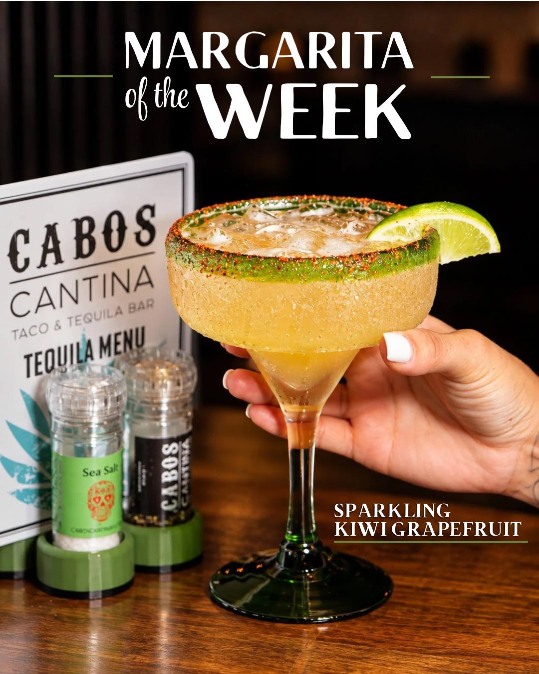 Meet your new sip of the week 🍹✨
The Sparkling Kiwi Grapefruit Margarita 🌼
Available this week at Cabo’s Cantina!
#CabosCantina #MargaritaOfTheWeek #TacoFlight #FortMyersEats #DowntownFortMyers #MargaritaTime #TacoLovers