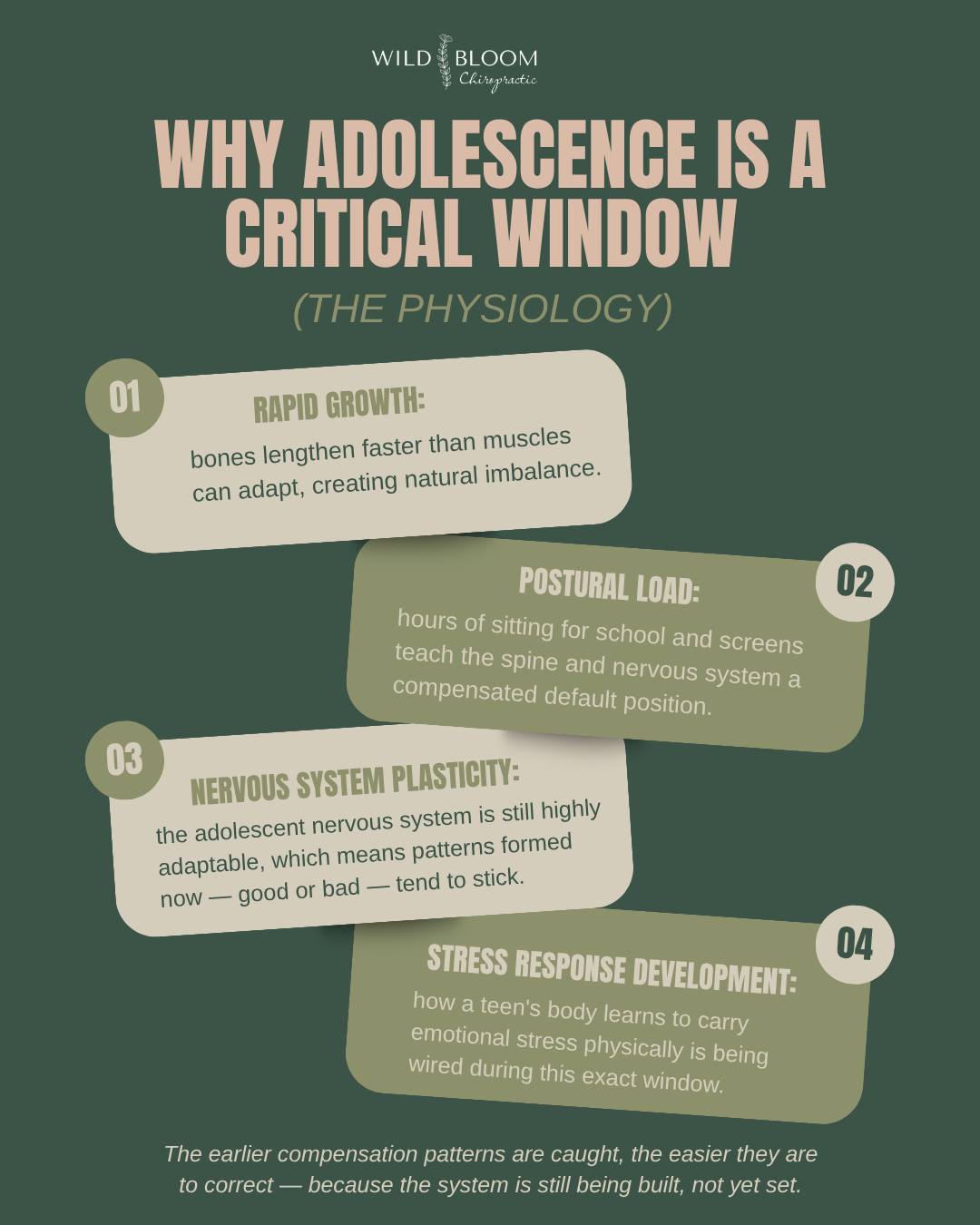 Adolescence isn't just an awkward growth phase — it's a critical window for how your teen's body (and nervous system) will function for years to come.
Rapid growth, hours of sitting at desks, screen time posture, and the emotional load of the teenage years all ask the body to compensate — and those compensation patterns can quietly become permanent if nothing interrupts them.
It's not just about how they're sitting. It's about how their nervous system is learning to carry stress, physically and emotionally, during a season when their whole system is still being built.
Catching these patterns now, while the body is still adaptable, matters more than most people realize.
.
.
.
#wildbloomchiro #gallatintn #sumnercounty #chiropractor #chiropractic #adolescence #growth #kid #teen