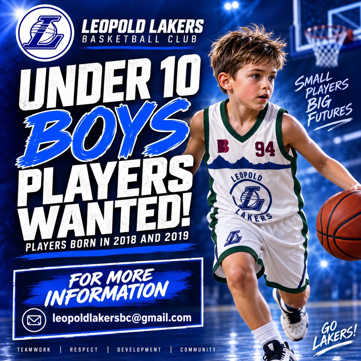 π UNDER 10 BOYS β PLAYERS WANTED! π
Is your son born in 2018 or 2019 and ready to give basketball a go? ππ€
The Leopold Lakers Basketball Club are looking for new Under 10 boys to join our team for the upcoming season!
Whether theyβre brand new to basketball or already love hitting the court, weβd love to hear from you! π
π Make new friends
π€ Learn new skills
π Build confidence
π€ Be part of the Lakers family
π§ For more information:
leopoldlakersbc@gmail.com
π Small players. Big futures. Go Lakers! ππ€
#LeopoldLakers #GoLakers #Under10Basketball #JuniorBasketball #BasketballVictoria #Leopold #GeelongBasketball #PlayersWanted #JuniorSport