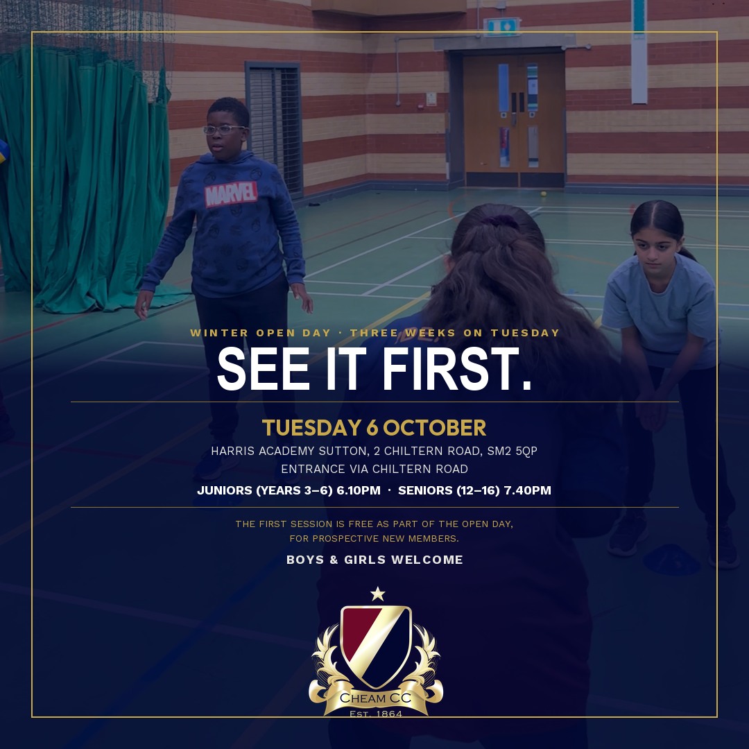 🗓️🏏 Three weeks on Tuesday: come and see it first.
Winter Open Day — Tuesday 6 October, Harris Academy Sutton. Watch a session, meet the coaches, ask anything. The first session is free as part of the Open Day, for prospective new members.
🔹 Juniors (school years 3–6): 6.10–7.30pm
🔹 Seniors (ages 12–16): 7.40–9.00pm
📍 Harris Academy Sutton, 2 Chiltern Road, Sutton SM2 5QP — entrance via Chiltern Road
Boys and girls train together in both sessions. Depending on the number of girls that attend each session, they may get their own group or be mixed in with similar-ability players.
We don't trial children — every child gets a place · ECB-qualified coaches · bursaries available · founded 1864.
📝 Register free: forms.gle/VFt5ZCiVwcahn5Xe7
#OpenDay #Sutton #KidsCricket #GirlsCricket #Cheam #WorcesterPark #Ewell #Mitcham