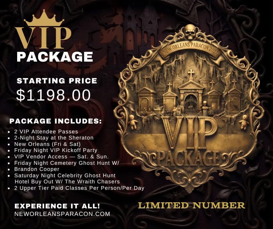 👑👻 GO VIP AT NEW ORLEANS PARACON 2027! 👻👑
🔥 $1,198 INCLUDES 2 PEOPLE! 🔥
This is the ultimate way to experience New Orleans ParaCon — with VIP perks, an Executive Suite, exclusive access AND a VIP-ONLY paranormal investigation! 🏨🔮👻
💻 NEWORLEANSPARACON.COM
✨ YOUR VIP PACKAGE INCLUDES:
🏨 EXECUTIVE SUITE FOR TWO
Enjoy a King Suite with pull-out sofa
📅 Check-in: July 30, 2027
📅 Check-out: August 1, 2027
➕ Additional nights available!
📚 2 PAID CLASSES PER PERSON, PER DAY
That’s 4 paid classes per day for TWO people!
Class selections will be made later through your customer portal. 🎓
🥂 EXCLUSIVE VIP MEET & GREET FOR TWO
📅 Friday, July 30, 2027
⏰ Time TBA
Get up close and personal with ParaCon guests before the weekend gets underway!
🛍️ VENDOR AREA ACCESS FOR TWO
Saturday & Sunday
🎤 ALL FREE WORKSHOPS & PANELS FOR TWO
👻🚌 FRIDAY NIGHT CEMETERY HUNT
Bus departure: 9:00 PM
🚨👻 SATURDAY NIGHT — VIP EXCLUSIVE! 👻🚨
🏨 HOTEL BUYOUT WITH THE WRAITH CHASERS
⏰ 10:00 PM START
🔥 THIS INVESTIGATION IS EXCLUSIVE TO VIP PACKAGE HOLDERS! 🔥
💥 $1,198 = TWO PEOPLE + EXECUTIVE SUITE + VIP MEET & GREET + PAID CLASSES + VENDOR ACCESS + ALL FREE PROGRAMMING + FRIDAY CEMETERY HUNT + EXCLUSIVE SATURDAY NIGHT WRAITH CHASERS HOTEL INVESTIGATION!
👑 ONE PACKAGE. TWO PEOPLE. ONE UNFORGETTABLE PARANORMAL WEEKEND.
📍 New Orleans ParaCon
📅 July 30–August 1, 2027
🎟️ Upgrade your ParaCon experience and GO VIP!
🌐 GET YOUR VIP PACKAGE:
neworleansparacon.com
#NewOrleansParaCon #ParaCon2027 #VIP #NewOrleans #ParanormalConvention #GhostHunting #GhostHunters #WraithChasers #GhostHunt #ParanormalInvestigation #HauntedNewOrleans #UFO #Cryptids #Bigfoot #ParanormalEvents #ExploreTheUnknown