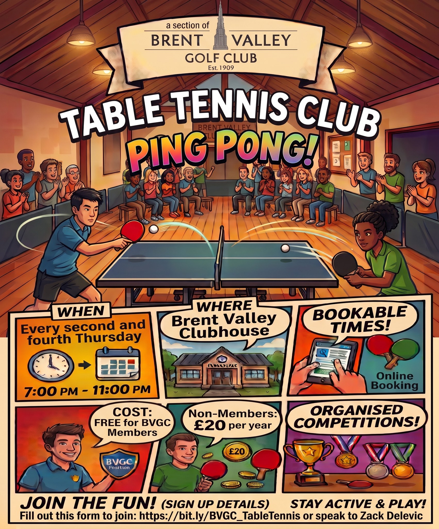 We're launching a table tennis club in the Brent Valley Clubhouse. It's free for BVGC members and £20 for non-members, every second and fourth evening. We think it will be a great way to keep active in the winter months and open the clubhouse more to members and our community. If you'd like to come along, please fill out this form: https://bit.ly/BVGC_TableTennis.