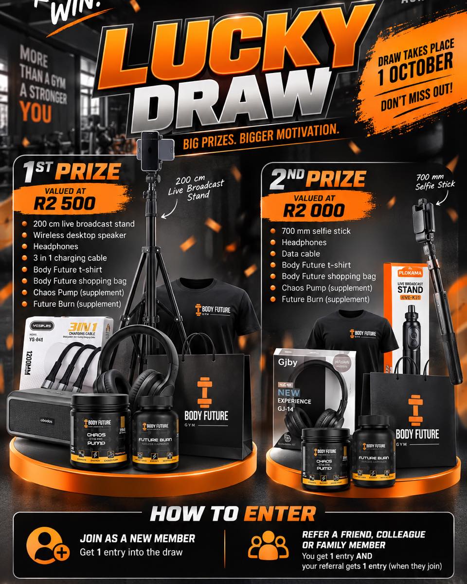 🎉 JOIN. REFER. WIN! 🎉
Stand a chance to win one of TWO incredible hampers in the Body Future Gym Lucky Draw, with prizes worth a combined R4 500! 💪🔥
🥇 First Prize — valued at R2 500
🥈 Second Prize — valued at R2 000
HOW TO ENTER:
✅ Join Body Future Gym as a new member and receive one entry into the draw.
✅ Refer a friend, colleague or family member who signs up — you receive one entry AND the person you referred receives one entry too!
📅 Draw takes place on 1 October.
The more people you refer who join, the more chances you have to win!
Start your fitness journey, help someone else begin theirs, and you could both walk away as winners! 🏆
Visit Body Future Gym at Eerste River Mall to sign up (entrance to the gym is in Pella Street).
DARE TO BE GREAT.
#BodyFutureGym #LuckyDraw #JoinReferWin #GymGiveaway #EersteRiver #FitnessJourney #DareToBeGreat