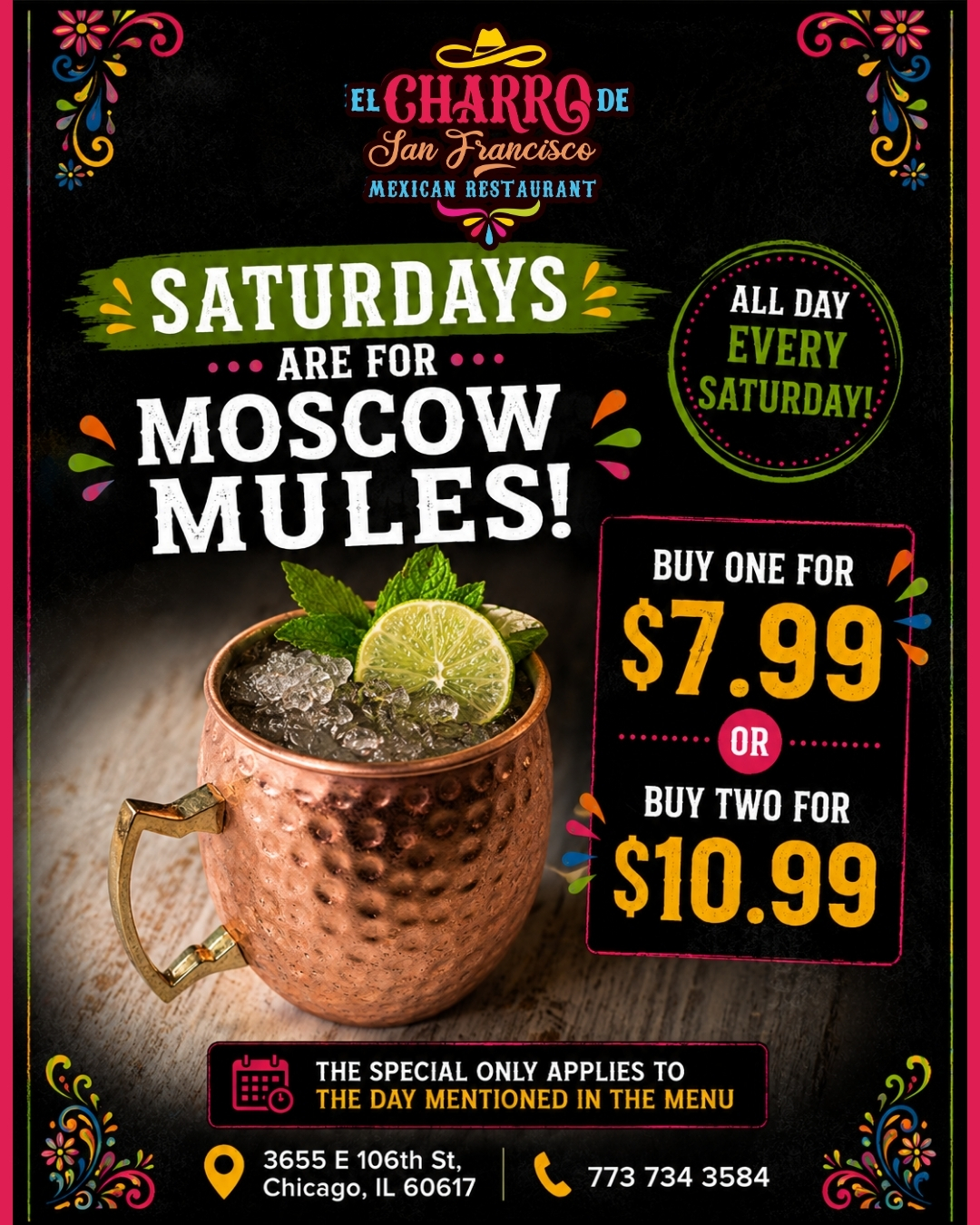 One for $7.99 or two for $10.99? The math is simple: Saturdays were made for sharing refreshing Moscow Mules! 🧊
🍋 Head over to El Charro de San Francisco and take advantage of this all-day special.
#elcharrodesanfrancisco #moscowmule #saturdayvibes #drinkspecials #chicagoeats #ChicagoRestaurants #eastsidechicago #chicagodrinks #weekendspecials #MexicanRestaurant