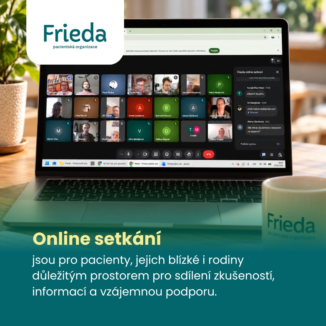 Při úterním Online setkání se nás sešlo dvacet - pacientů a blízkých.
Sdíleli jsme zážitky z léta, novinky o dostupnosti léčby, v jakém stavu je úspěch našeho úsilí, a také výhled dalších společných akcí. Pacienti si navzájem radili ohledně zdravotních obtíží, například léčby spasticity, a nechyběla ani trocha černého humoru v souvislosti se všemi limity a komplikacemi, které nás potkávají - i ten je někdy osvěžující. 🙃 💪
Tak zase příště.
Frieda - sami silní, spolu silnější