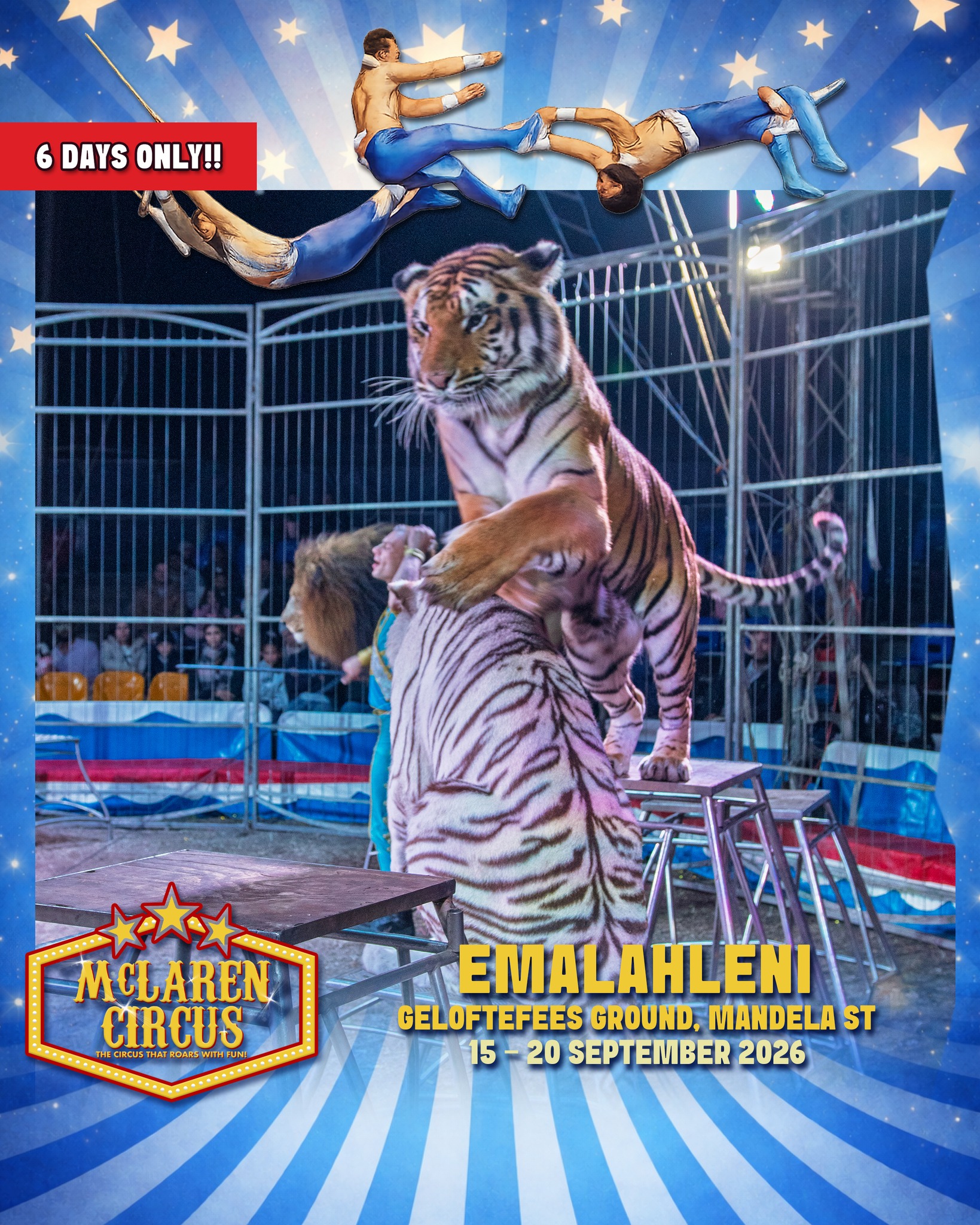 🎪✨Visit us in #eMalahleni, for our final week in Mpumalanga for 2026!
Experience an unforgettable International Circus Spectacular, packed with thrilling action, breathtaking performances, and timeless circus magic for the whole family.
🗓️ SHOW TIMES:
• Tue, 15 Sep 2026 @ 7 PM (50% OFF - use code "50EMA26" | Online sales only | First 30 claimers)
• Wed, 16 Sep 2026 @ 7 PM
• Thu, 17 Sep 2026 @ *7 PM* (All seats R165 | Unreserved seating | Cash Only at Ticket Office | Sales on the day only)
• Fri, 18 Sep 2026 @ 3 PM & 7 PM
• Sat, 19 Sep 2026 @ 3 PM & 7 PM
• Sun, 20 Sep 2026 @ 3 PM
🎟️ Ticket Prices:
Back Chairs R175 | Side Chairs R195 | Raised Chairs R225 | Silver Ringside R250 | Gold Ringside R295
🎪 Ticket Office opens daily at 12 PM on show days
www.mclarencircus.co.za | WHATSAPP: http://wa.me/message/BGE2GJWJ5DLDC1
