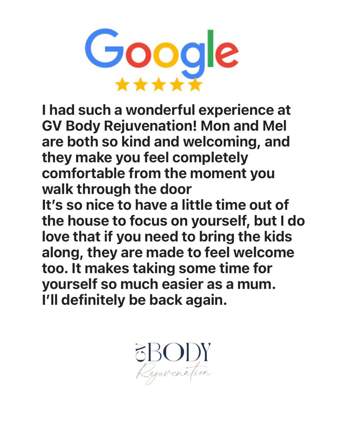 Creating a space where women feel comfortable, welcomed and supported is exactly what GV Body Rejuvenation is all about….and yes, little ones are always welcome too!
Thank you for such beautiful feedback. 🥰
#gvbodyrejuvenation
#sheppartonmums
#feedback