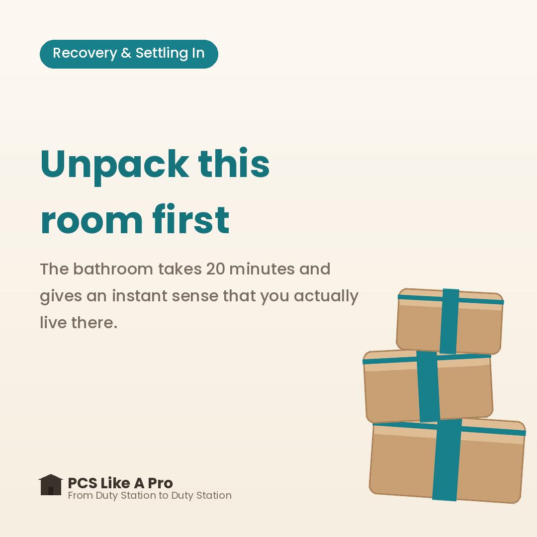 When you need a small unpacking win -
Most families unpack the kitchen first, but the bathroom takes 20 minutes and gives you an instant "we live here now" feeling.
Sometimes you need a room completely unpacked to feel like you’re making progress. A bathroom or a closet can give you that quick, re-energizing feeling of accomplishment.
Which room do you always unpack first?
#pcslikeapro #thepcspro #pcs #ppm #dity #moving #unpack