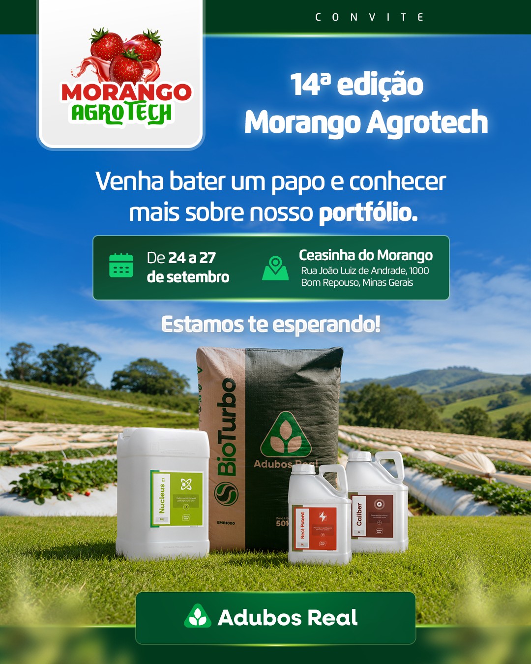 De 24 a 27 de setembro, nosso time estará na Morango Agrotech, em Bom Repouso (MG). 🍓🤩
Estaremos prontos para trocar experiências, tirar dúvidas e apresentar soluções que contribuem para produtividade e qualidade na sua lavoura. ✅🚀
👉🏼Esse é uma oportunidade para todos os produtores de morango da região! 🍓
Passe em nosso estande.
#MorangoAgrotech #AdubosReal #Morango #Agronegócio #bomrepouso