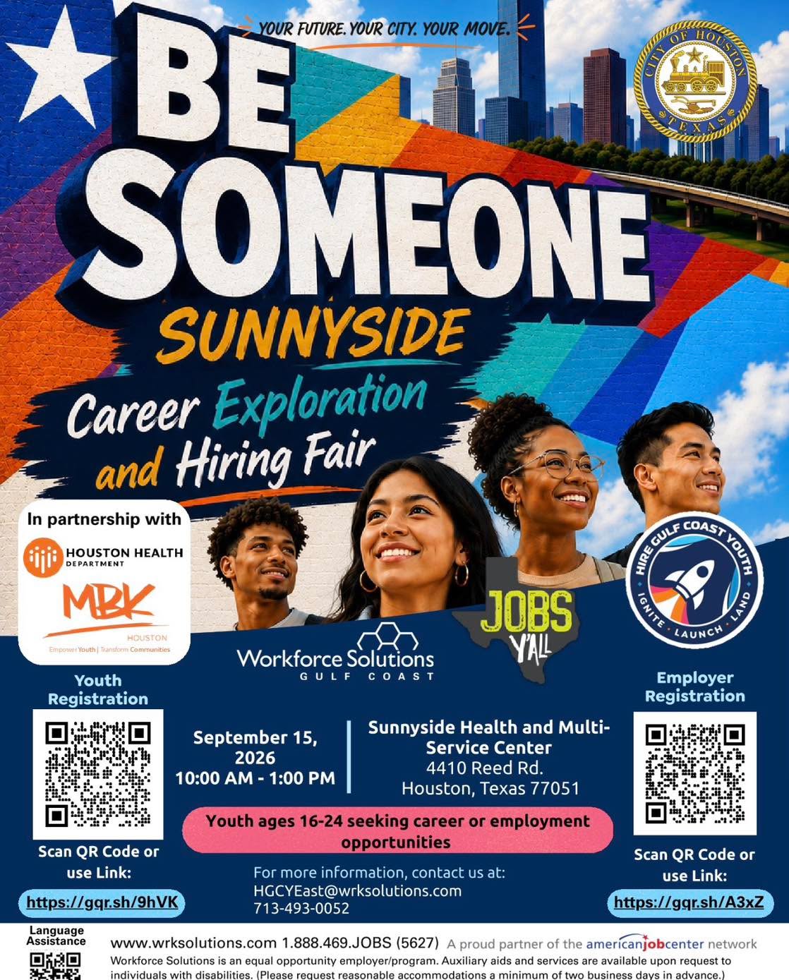 Calling all Pro-Vision Academy Seniors & Alumni! 🎓✨
Tomorrow, **September 15, 2026**, **Workforce Solutions** and **Hire Gulf Coast Youth** will be hosting a **Career Fair** at:
📍 **Sunnyside Health & Multi-Service Center**
👥 Ages **16–24**
🕒 10am-1pm
Come **dressed for success**, **bring your resume**, and be ready to talk with employers who are **ready to hire enthusiastic, motivated youth**.
Don’t miss your chance to:
- Explore career opportunities
- Network with hiring managers
- Take your next step after Pro-Vision Academy’s 🚀
Tag a classmate or fellow alum who needs to be there! 👇