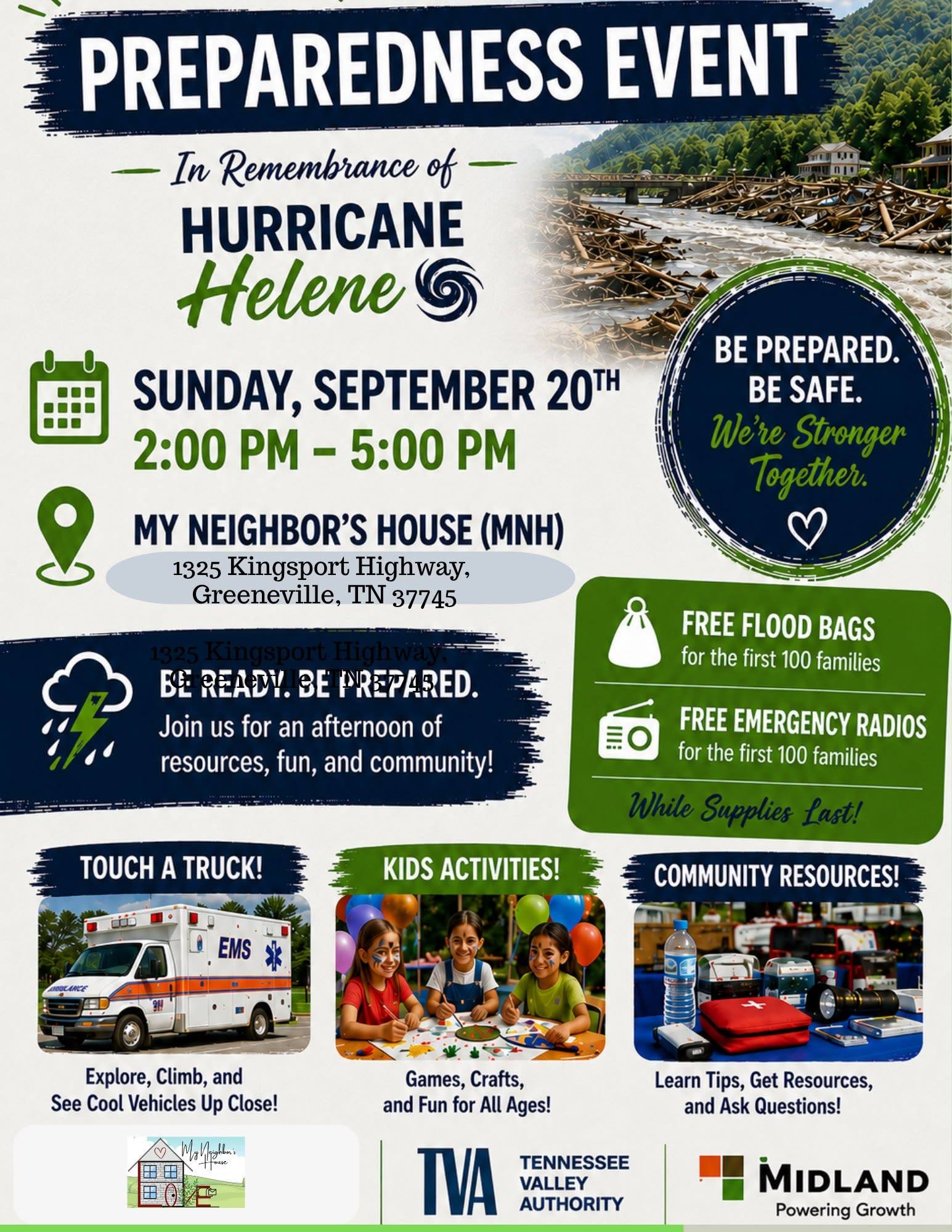 Come see Catholic Charities’ Disaster Relief Case Managers at Greene County's Preparedness Event this Sunday, September 20 from 2-5PM at My Neighbor's House.
Red Cross and CCETN are working collaboratively on getting Emergency Preparedness Resources to the public. Ask us about what to pack in your Emergency "To Go Bag", plus learn some best practices to ensure you are prepared in the event of a disaster.
🎒The first 100 guests at each event will receive a FREE Emergency To-Go Bag!
FULL EVENT SCHEDULE:
🔹 September 20 - GREEN COUNTY
My Neighbor's House
1325 Kingsport Hwy, Greeneville, TN 37743
2:00 PM - 5:00 PM
🔹 September 27 - UNICOI COUNTY
First Christian Church
307 S Main Ave, Erwin, TN 37650
12:00 PM - 4:00 PM
These events are FREE and open to the public. For more information, click the event flyer or contact us at disasterresponse@ccetn.org.
Together, we can build stronger, more resilient communities and be better prepared for whatever comes next.
#DisasterPreparedness #DisasterRelief #CatholicCharities #EastTennessee #HurricaneHelene #CommunityImpact