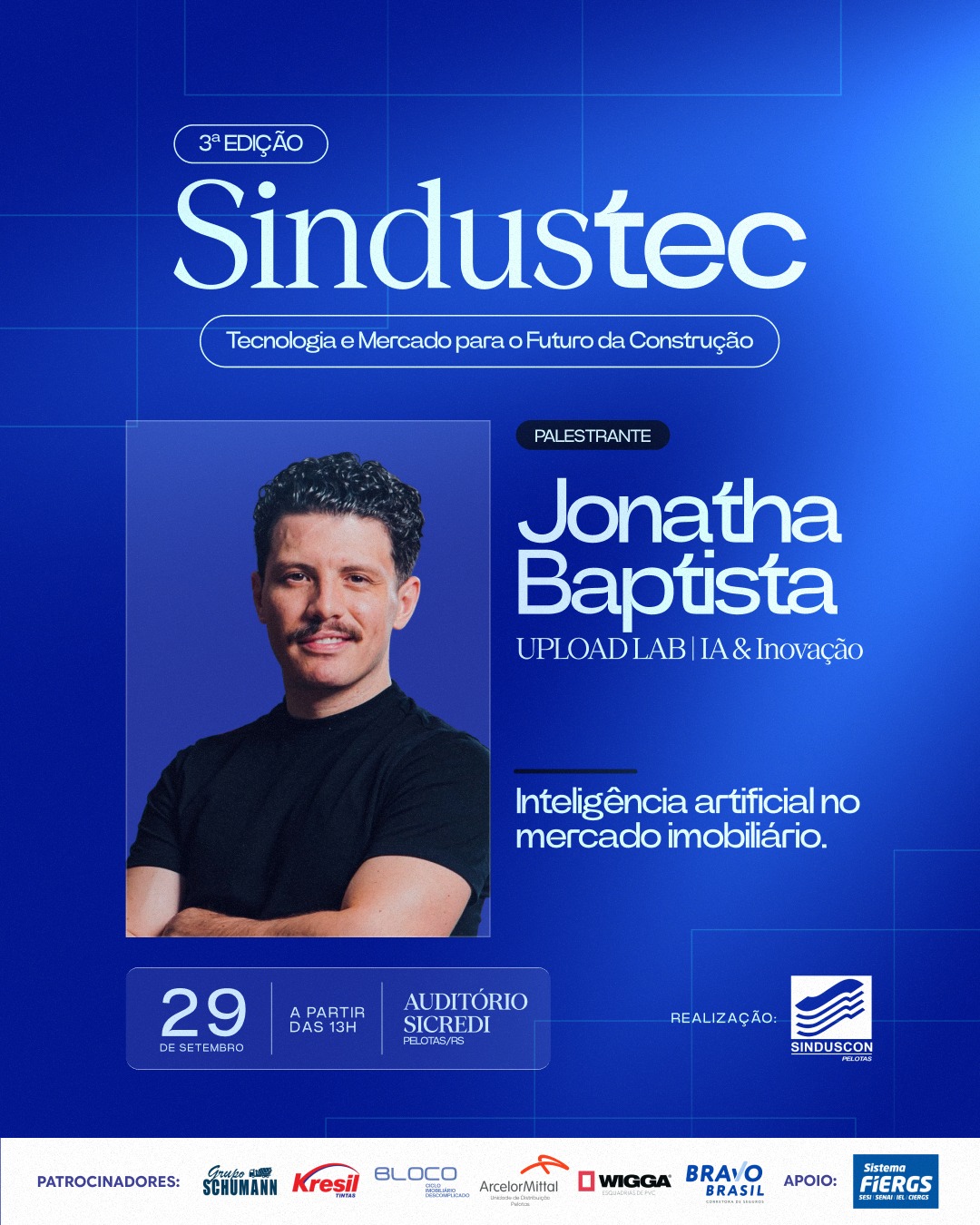 Jonatha Baptista é um dos 100 mais influentes do setor imobiliário e autor do livro "Inteligência Artificial no Mercado Imobiliário".
No III SINDUSTEC, ele apresenta aplicações práticas da IA na construção civil — análise preditiva de mercado, automação comercial, BIM integrado a algoritmos inteligentes e controle de custos.
As empresas que não entenderem isso vão ficar para trás.
29 de setembro · 13h · Auditório Sicredi · Pelotas.
#SINDUSTEC2026 #inteligenciaartificial #JonathaBaptista #SindusconPelotas #Pelotas