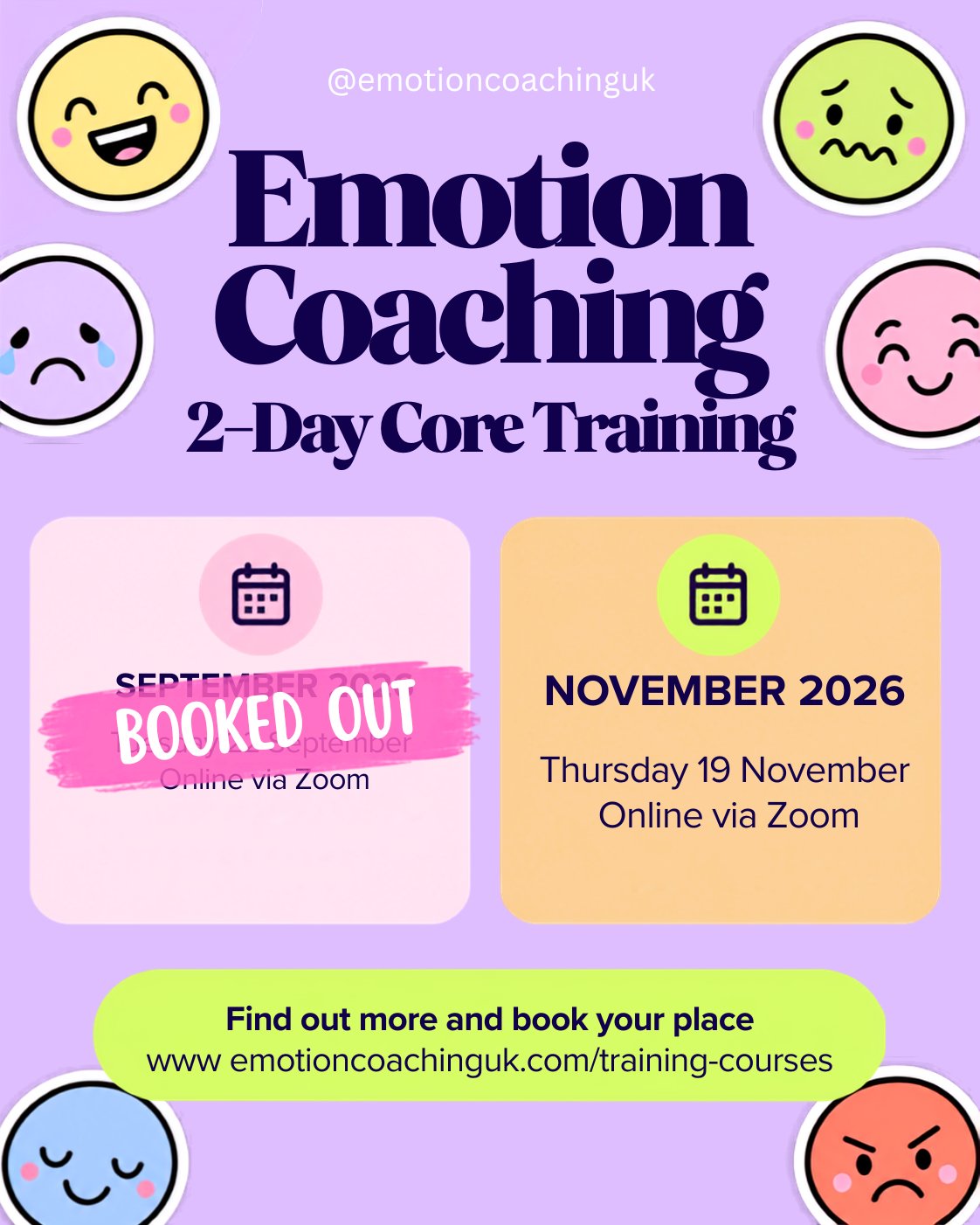 Our next 2-Day Core Training dates are here.
September is now BOOKED OUT, with our next available training on Thursday 19 November 2026, online via Zoom.
The 2-Day Core Training is suitable for anyone working with or caring for children and young people.
Find out more and book your place:
www.emotioncoachinguk.com/training-courses
#EmotionCoaching #EmotionCoachingUK #ProfessionalDevelopment #Training #ChildrenAndYoungPeople