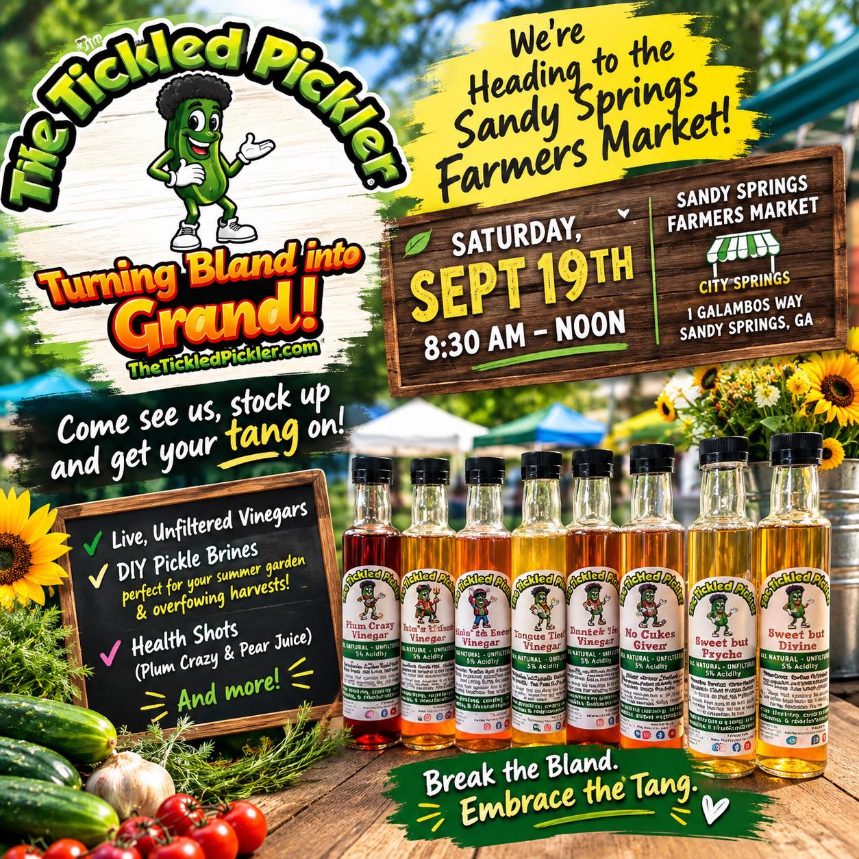 🥒 We're heading to the Sandy Springs Farmers Market! 🥒
Saturday, September 19th | 8:30 AM – Noon
📍 City Springs, 1 Galambos Way, Sandy Springs, GA
Garden overflowing with cucumbers, onions, peppers, carrots, or green beans? Our DIY Pickle Brines turn any veggie into a crunchy, tangy pickle in days — no canning skills required.
And while you're at the booth, get your tang on with our live, unfiltered vinegars — raw, real, and made the slow way. Plus health shots for something a little different.
Come see us, stock up, and break the bland. 🧡
🔗 www.thetickledpickler.com
#TheTickledPickler #TurningBlandIntoGrand #WomenOwnedBusiness #ATLFarmersMarkets #SmallBatch #FermentationNation #LiveVinegar #DIYPickleBrine #SandySpringsFarmersMarket #ShopSmall #GeorgiaGrown #VinegarMother