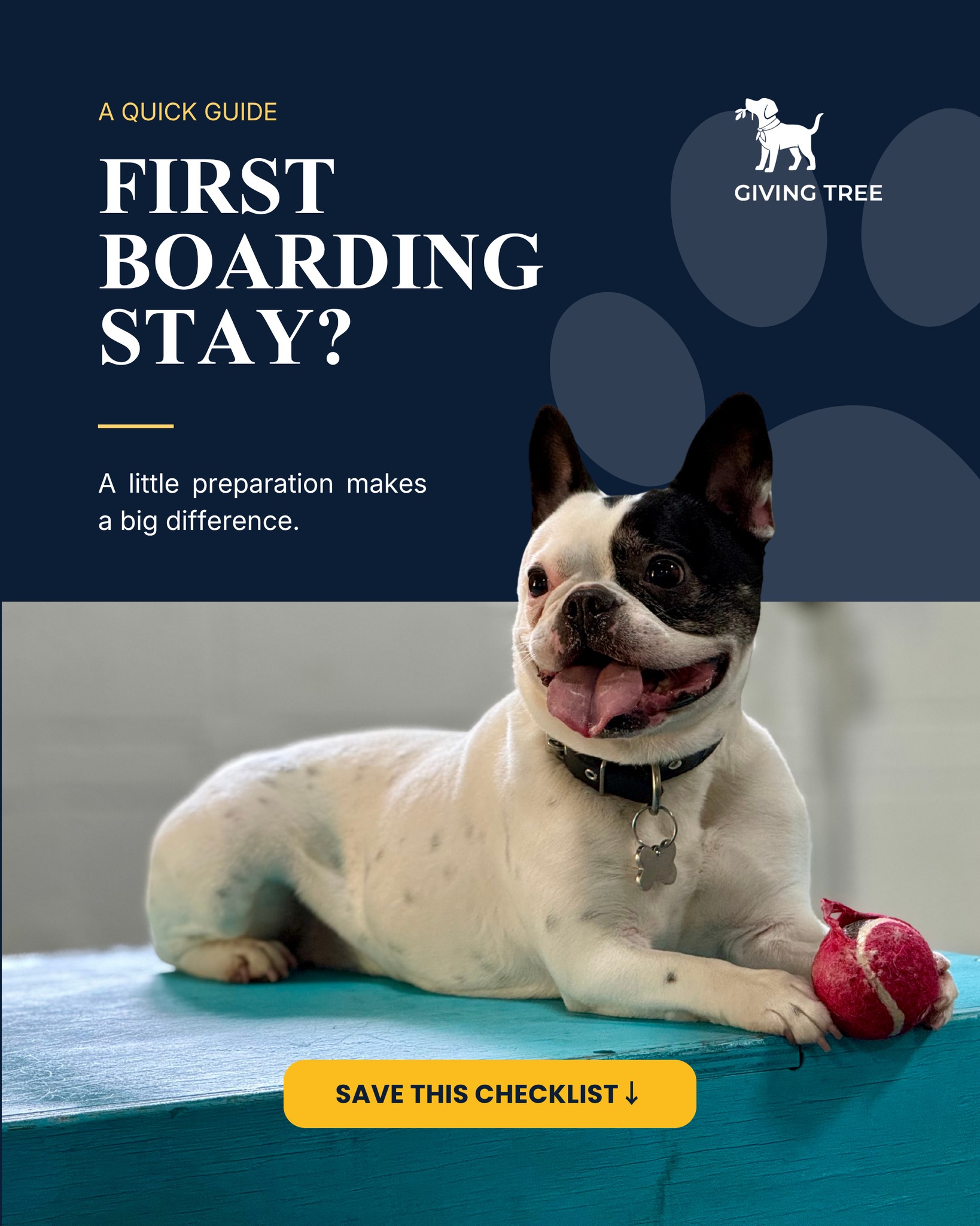 First time boarding your dog? Save this checklist before their stay:
✓ Pack their regular food
✓ Clearly label any medications
✓ Bring updated vaccination and vet records
✓ Share feeding instructions and daily routines
✓ Provide an emergency contact
✓ Let us know about any allergies, sensitivities, or special needs
✓ Tell us about their personality, preferences, and anything that helps them feel comfortable
✓ Bring an approved familiar comfort item, if permitted
And when it’s time to say goodbye, keep drop-off calm, positive, and simple. A confident goodbye can help your dog settle into their new surroundings more easily.
A little preparation can go a long way toward making their stay comfortable for them—and worry-free for you.
Save this for your dog’s next stay at Giving Tree Pet Resort.
#GivingTreePetResort #SummerFun #HappyDogs #DogDaycare #DogBoarding #NorthernVirginia #PetParents #DogLovers #Branchingouthappiness
